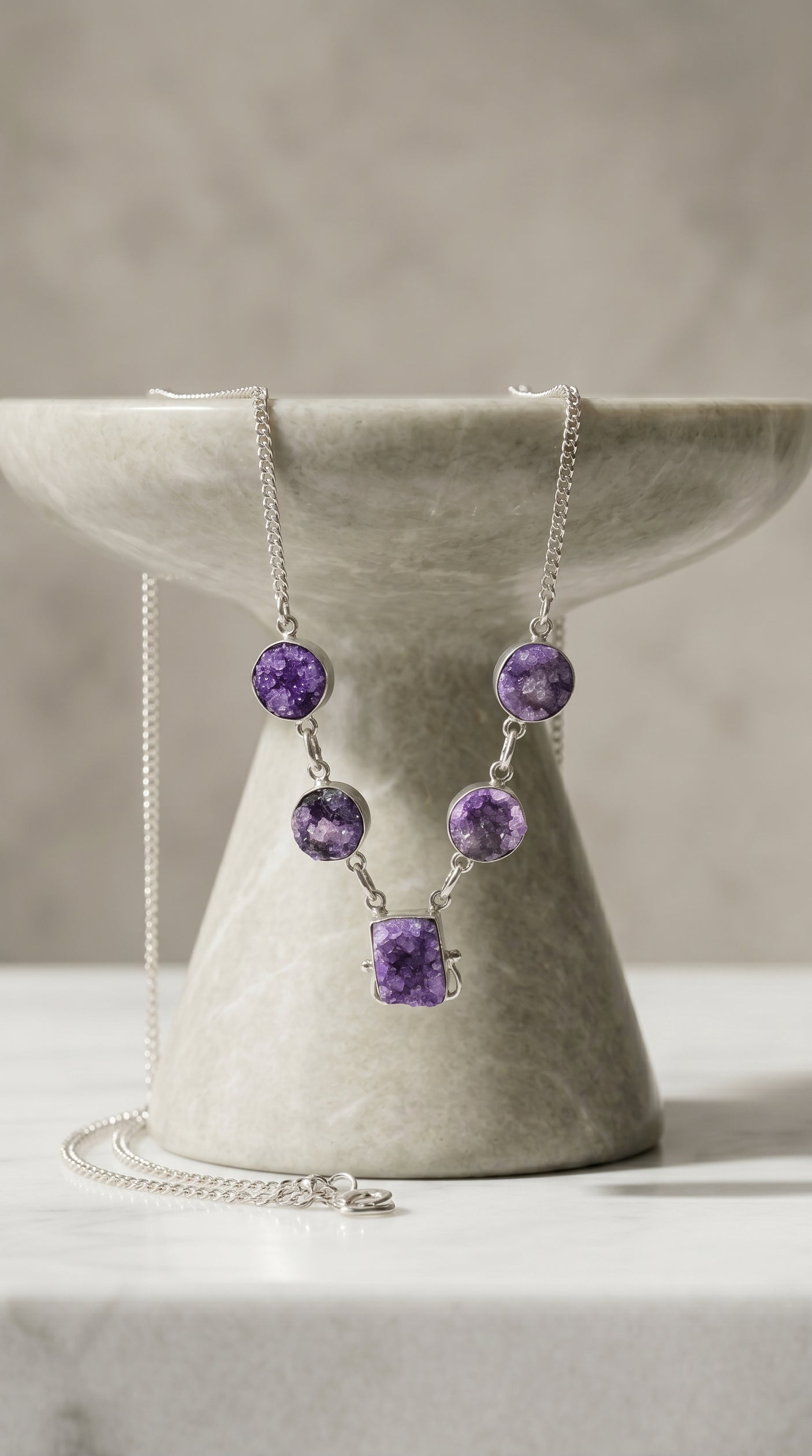Purple Sugar Druzy Natural Gemstones Embedded Silver Chain Necklace