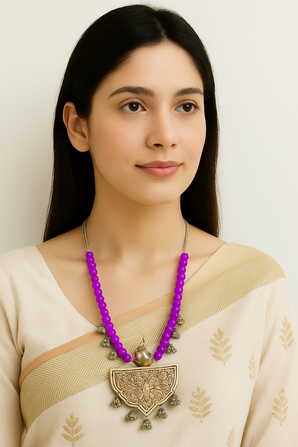 Purple Glass Beads and Metal Pendant Necklace Set with Thread Closure
