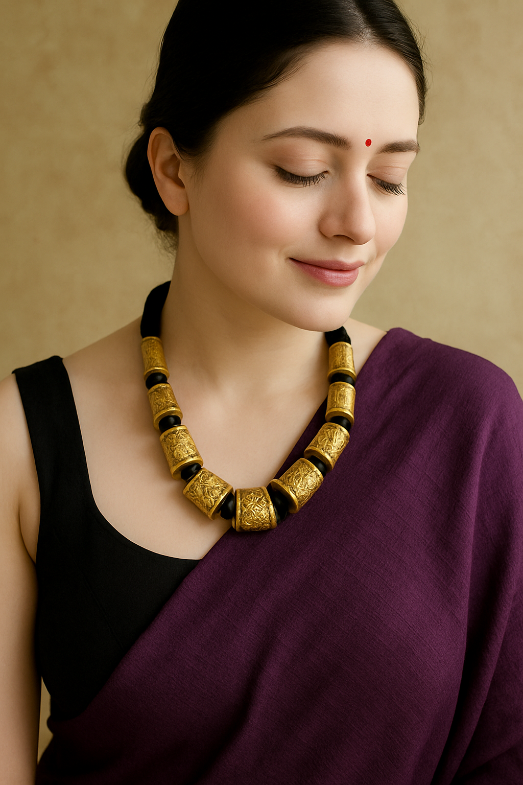 Cotton Thread and Metal Alloy Beads Matt Gold Finish Necklace