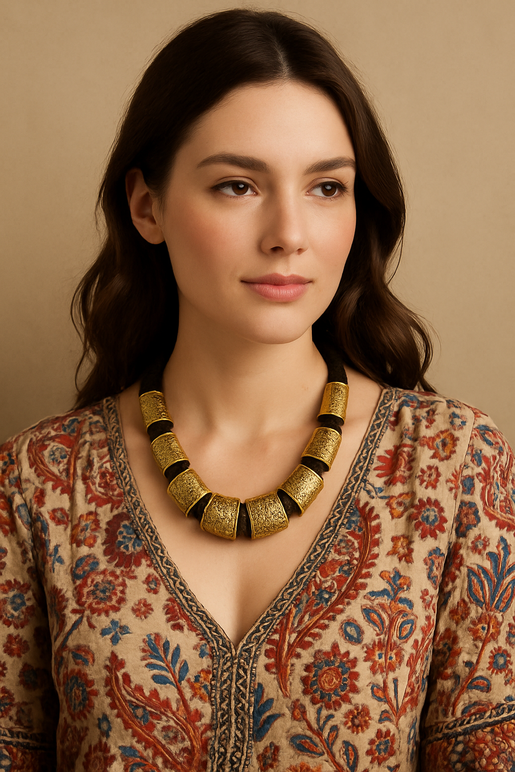 Cotton Thread and Metal Alloy Beads Matt Gold Finish Necklace
