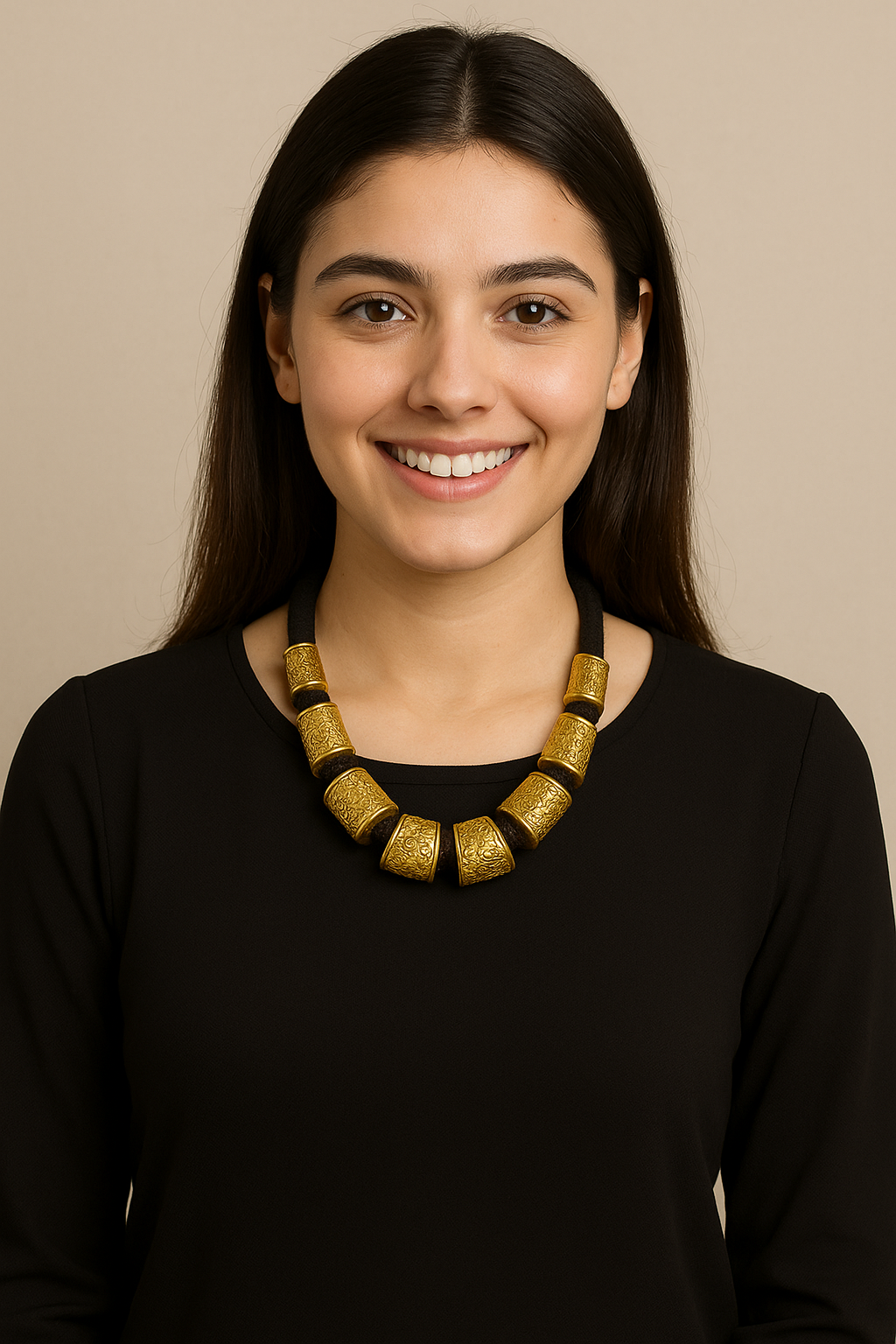 Cotton Thread and Metal Alloy Beads Matt Gold Finish Necklace