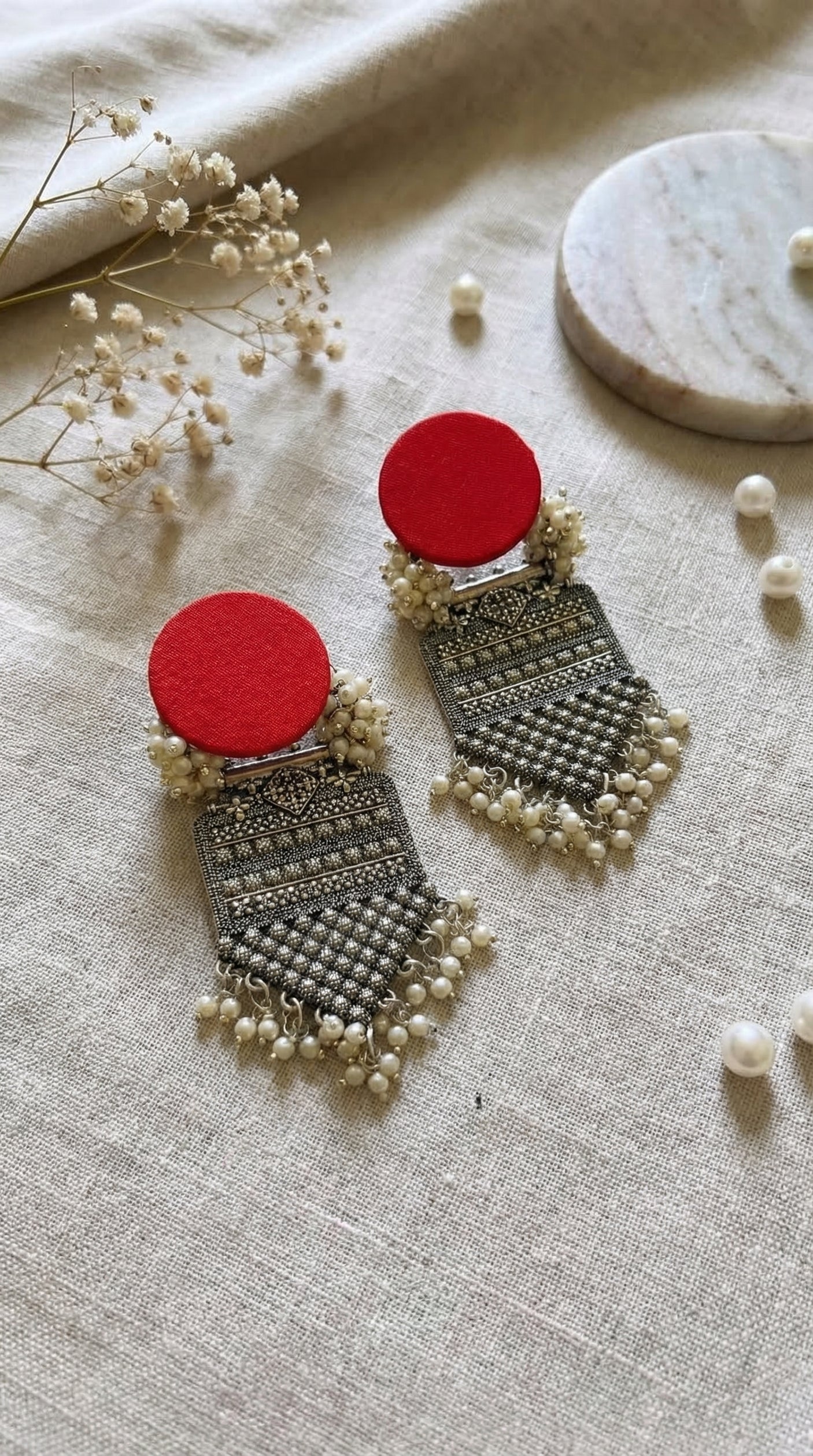 Red Fabric Oxidised Silver Pearl Drop Earrings
