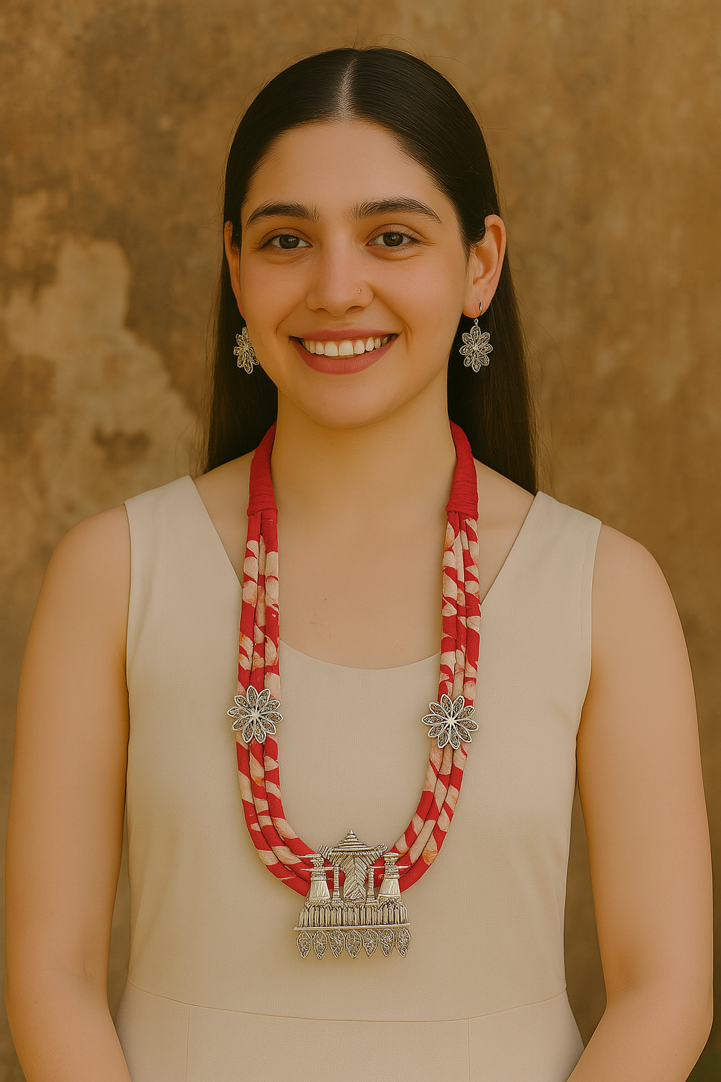 Red Block Printed Fabric and Metal Pendant Necklace Set