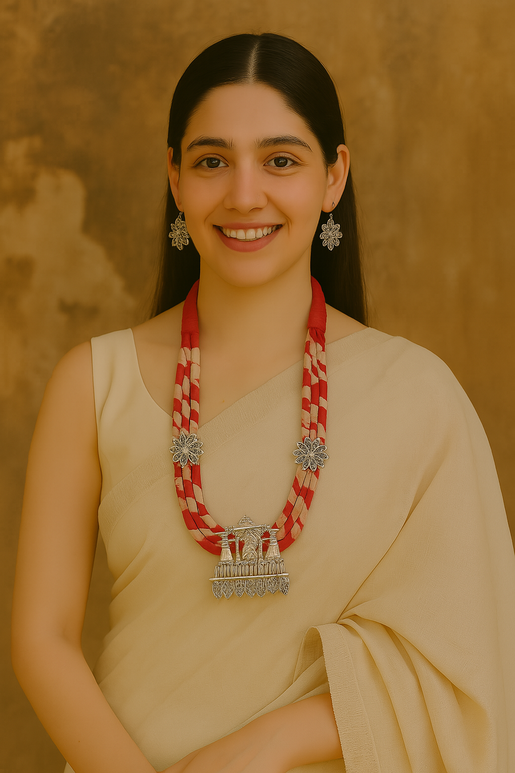 Red Block Printed Fabric and Metal Pendant Necklace Set
