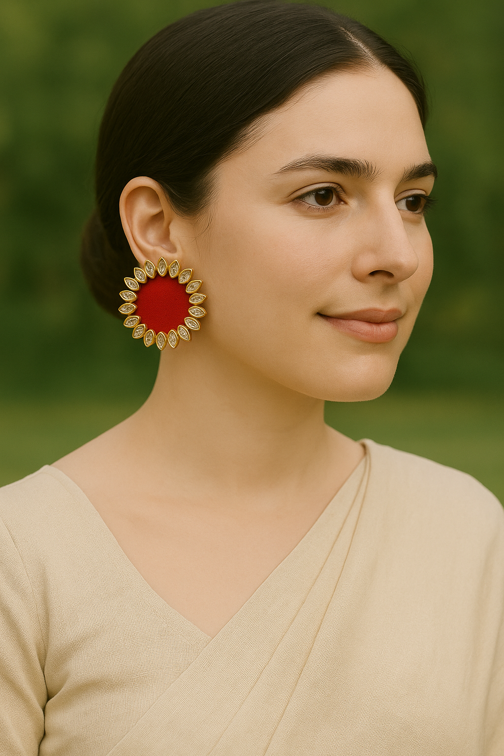 Red Fabric and Kundan Work Gold Toned Stud Earrings