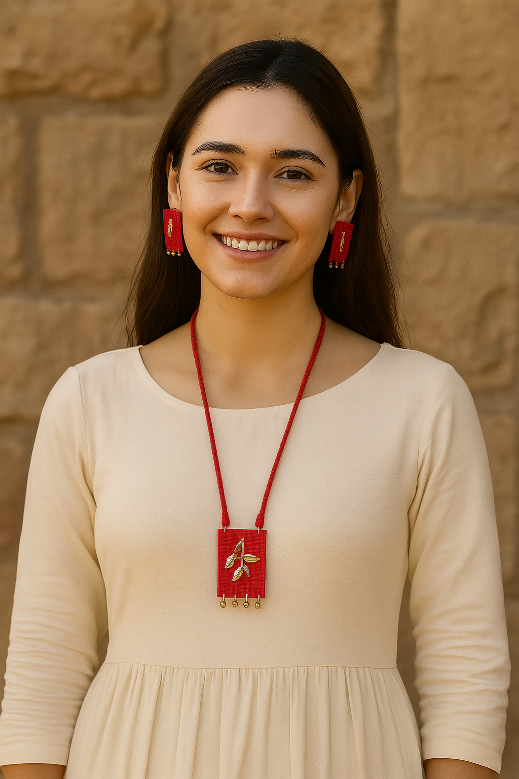 Red Fabric Necklace Set with Metal Leaves and Beads Detailing