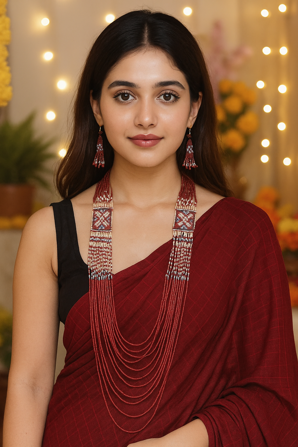 Red Hand Beaded Long Necklace Set