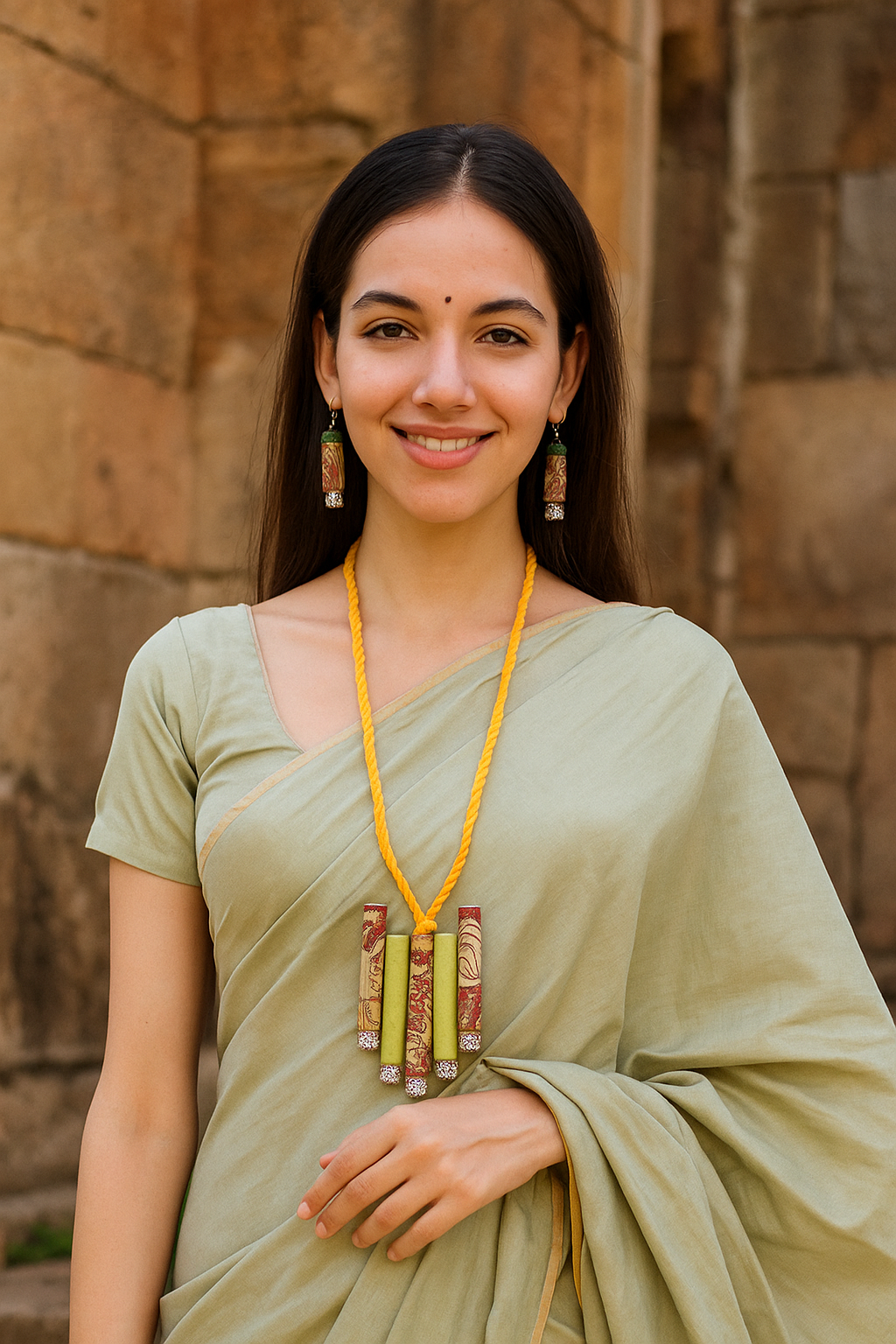 Red Kalamkari Fabric and Green Cotton Fabric Handmade Necklace Set