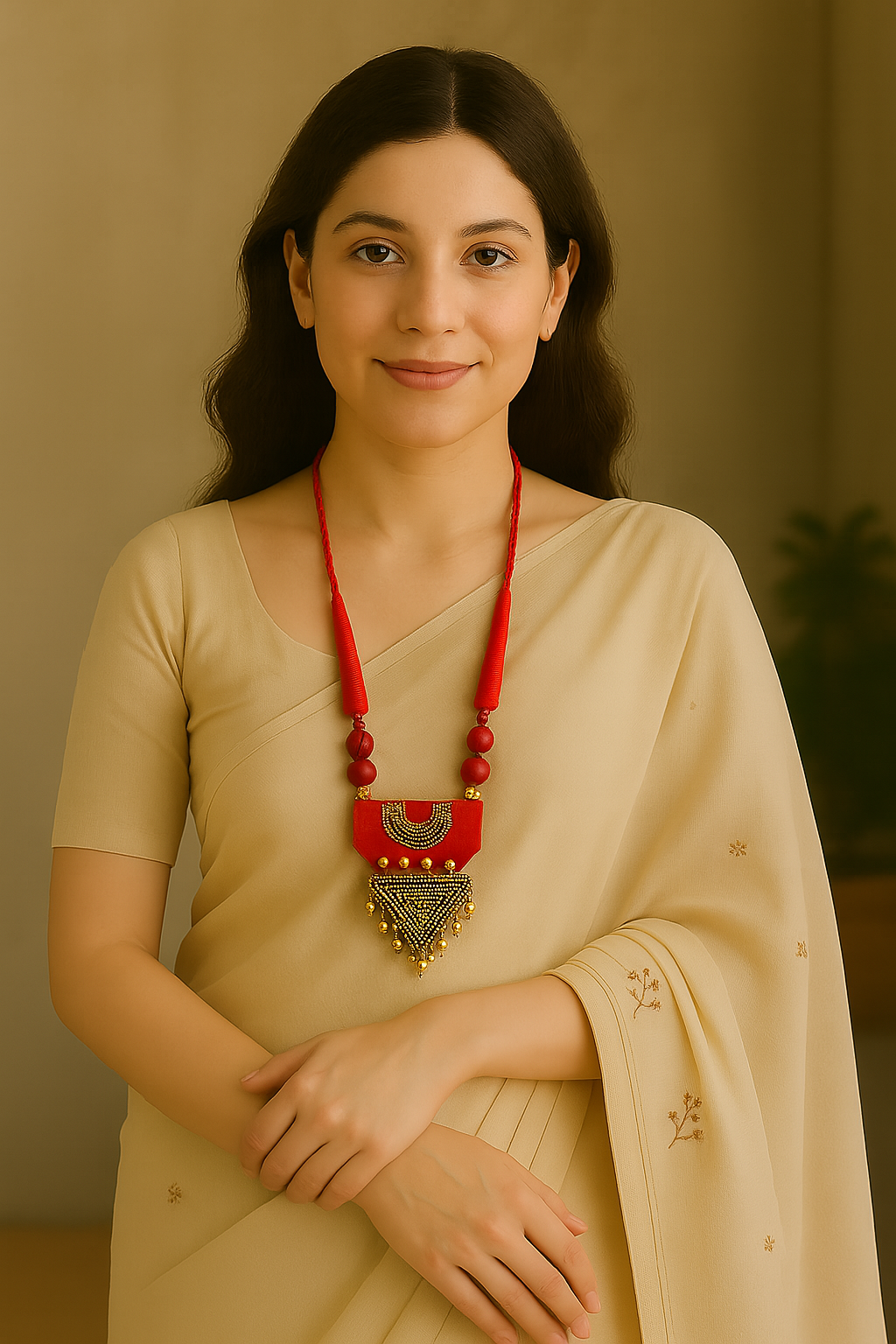 Red Fabric and Antique Gold Finish Necklace Set