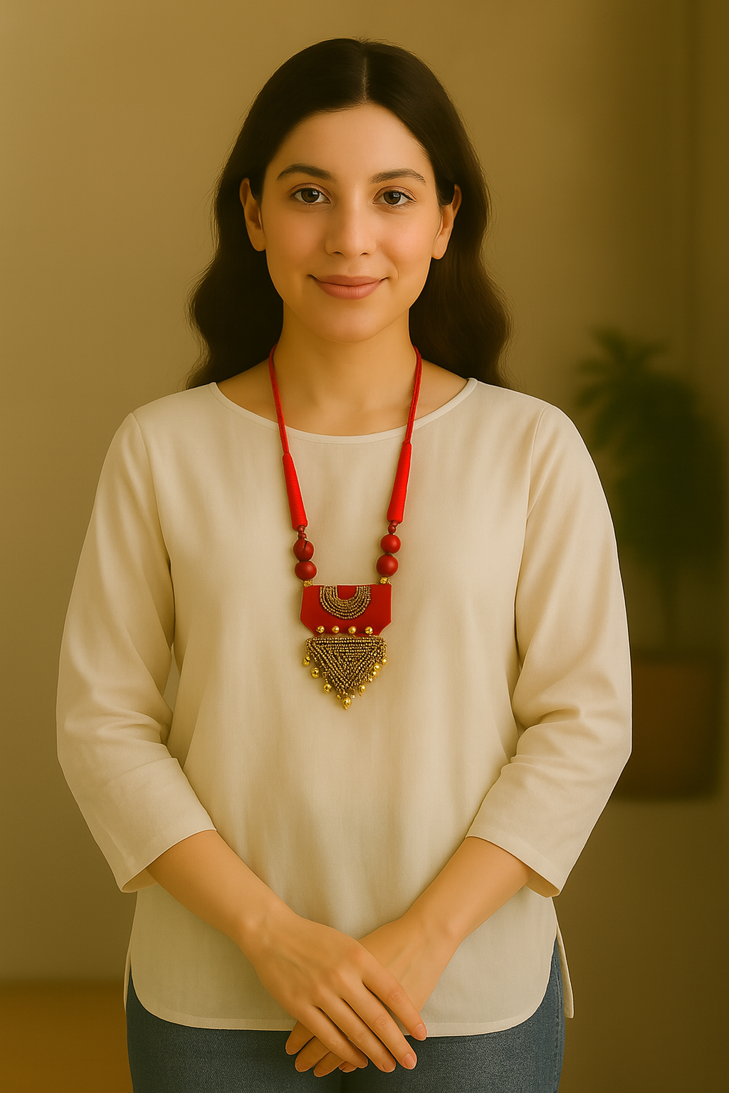 Red Fabric and Antique Gold Finish Necklace Set