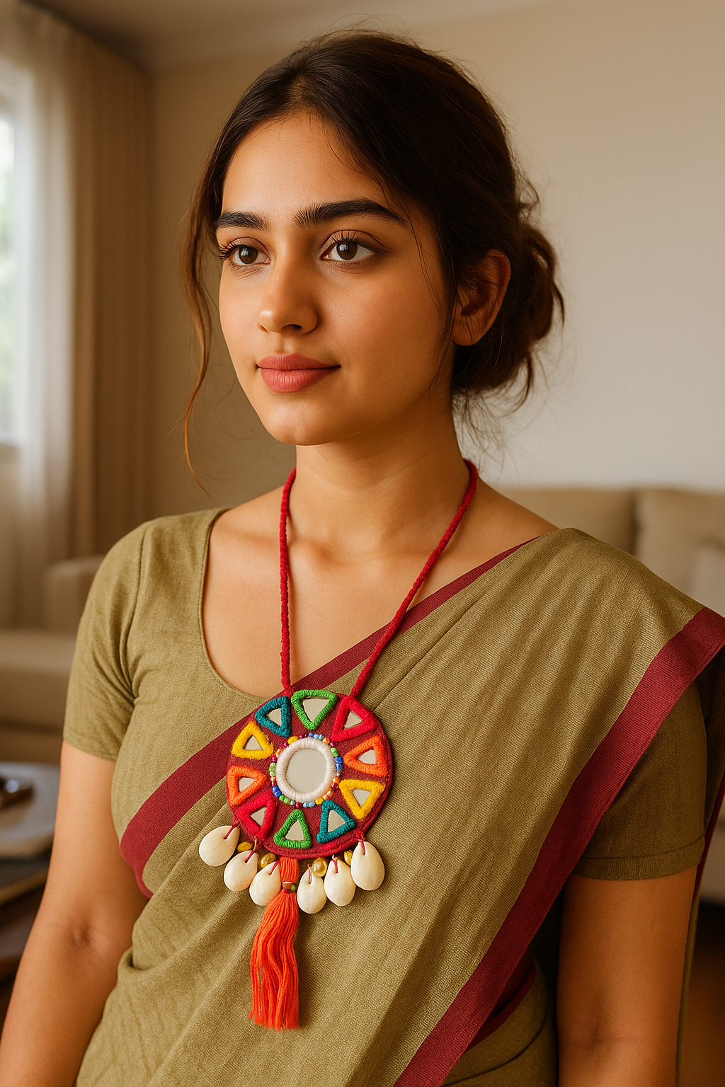 Red, Orange and Yellow Handmade Fabric Flowers Adjustable Thread Closure Necklace