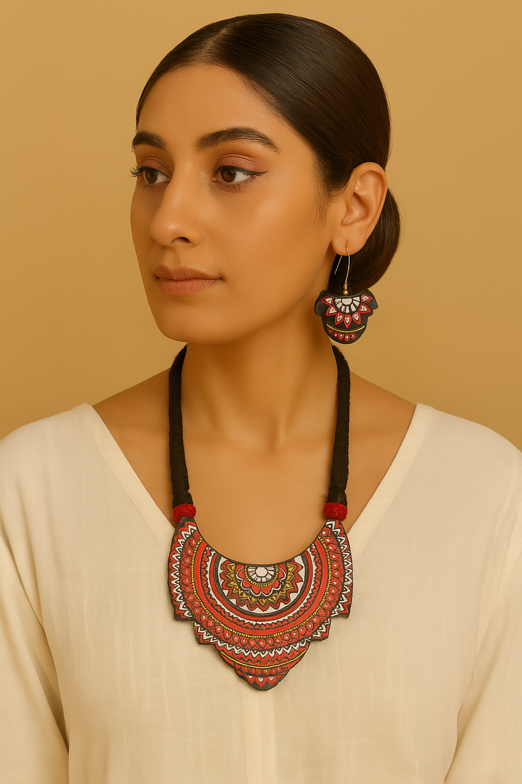 Intricately Detailed Black and Red Handcrafted Terracotta Clay Necklace Set