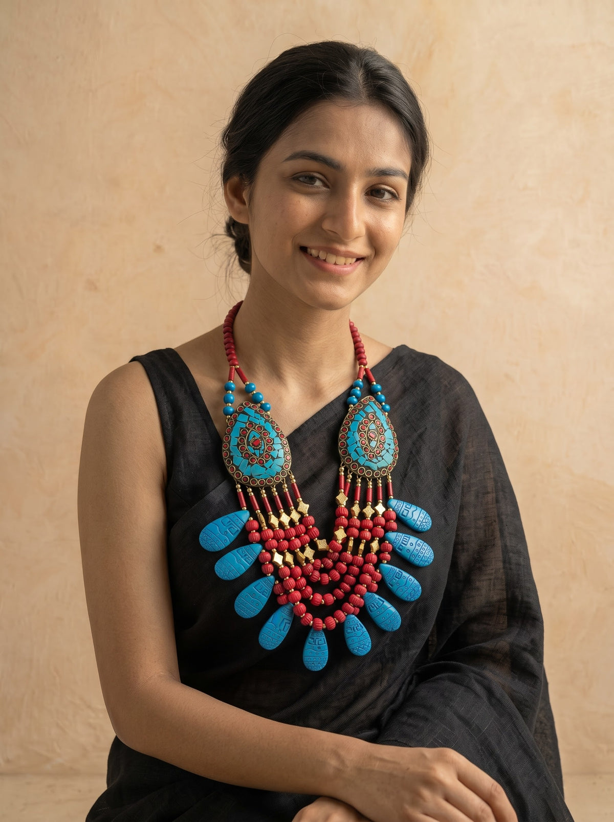 Red and Blue Bone Beads Quirky Statement Necklace with Gold Details