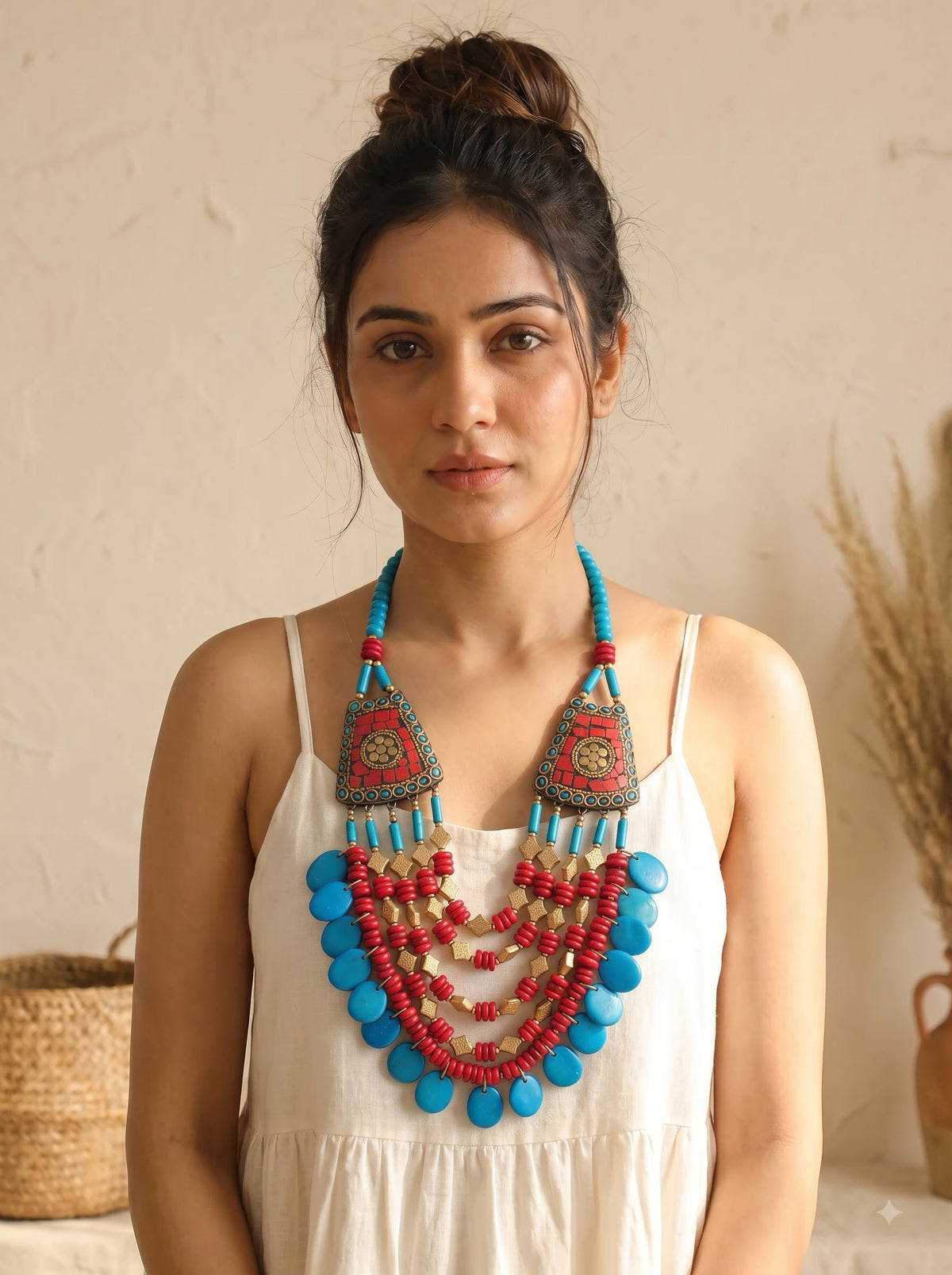Red and Blue Bone Beads Quirky Statement Necklace with Tibetan Mosaic Details