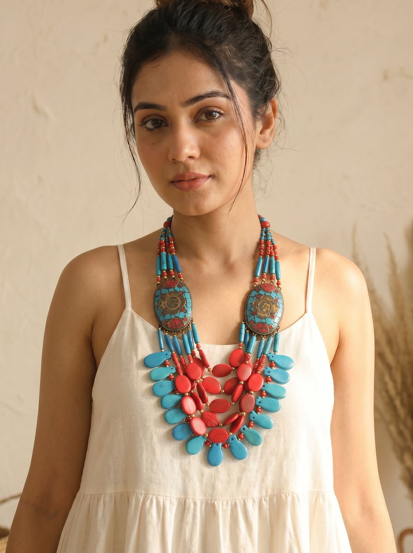 Red and Blue Bone Beads Statement Necklace with Tibetan Details