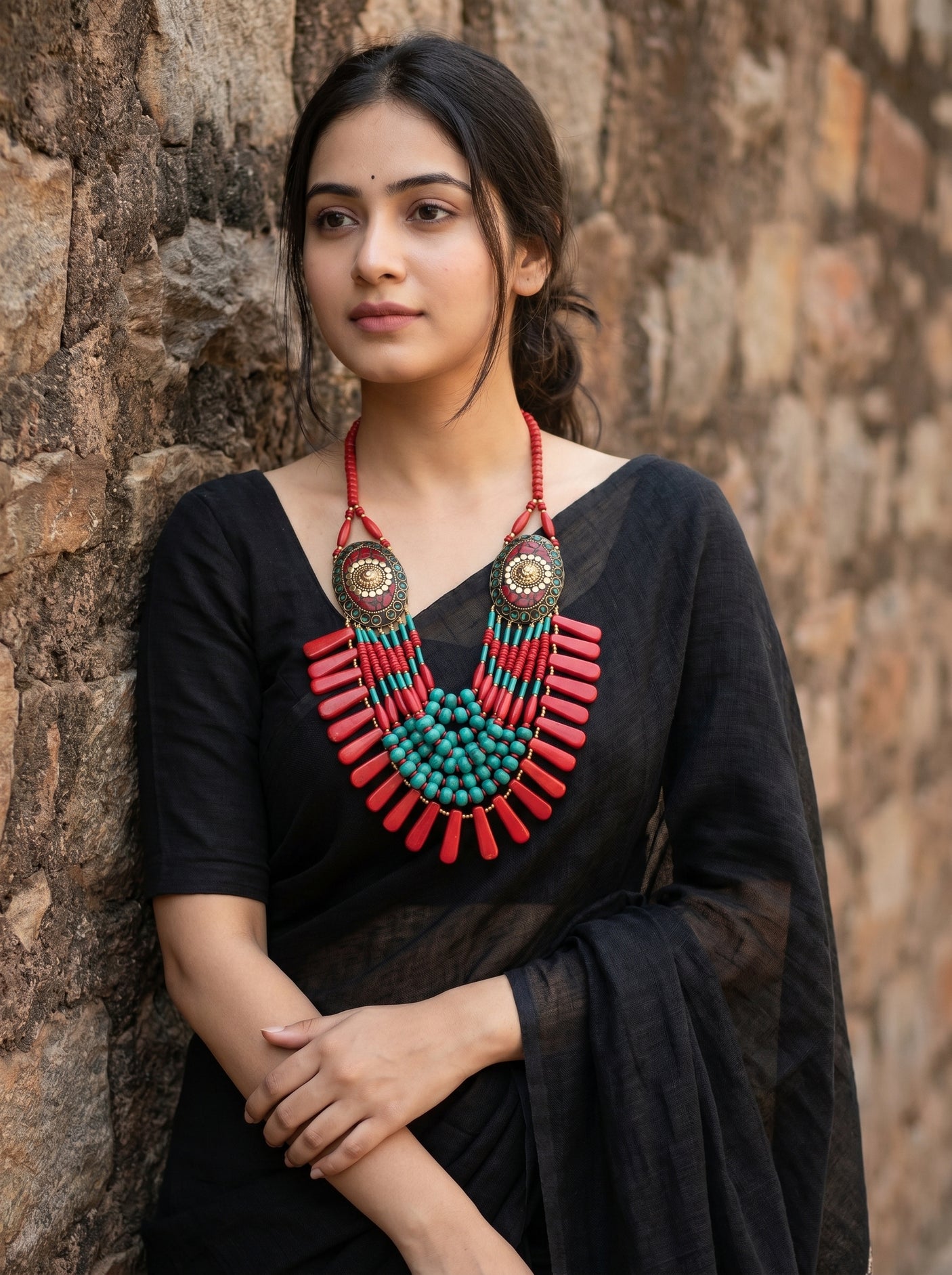Red and Turquoise Bone Beads Statement Necklace with Tibetan Details