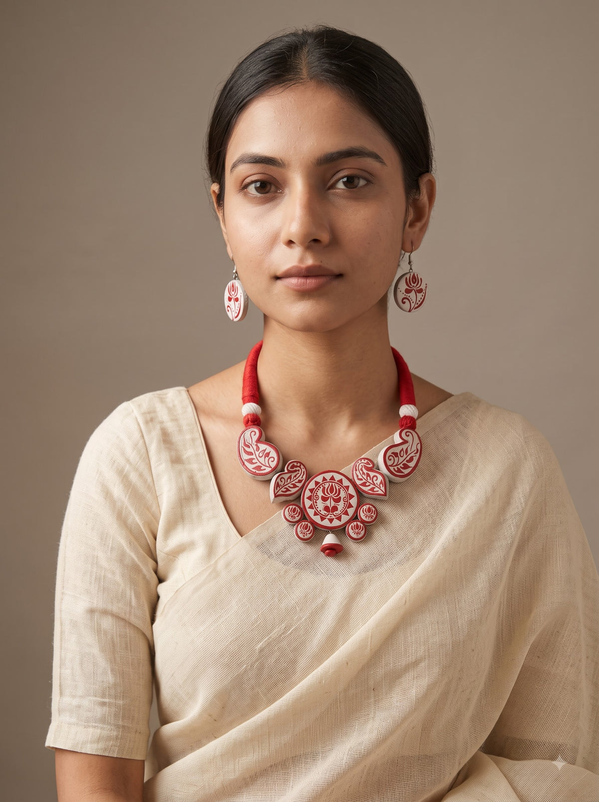 Red and White Lotus Flowers Hand Painted Terracotta Clay Choker Necklace Set