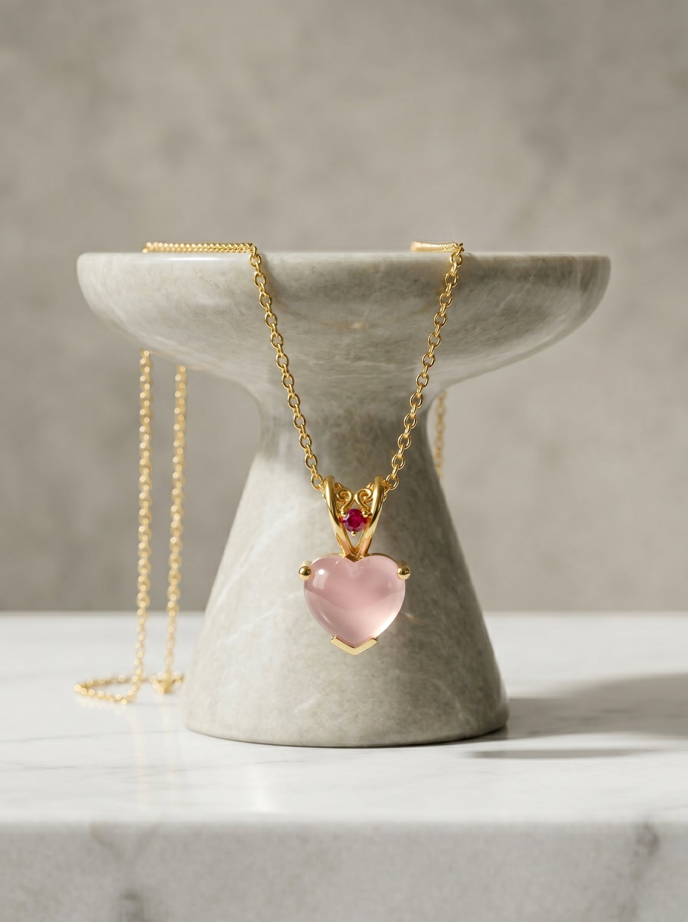 Rose Quartz Heart & Ruby Accent Gold Pendant on Dainty Gold Chain Necklace