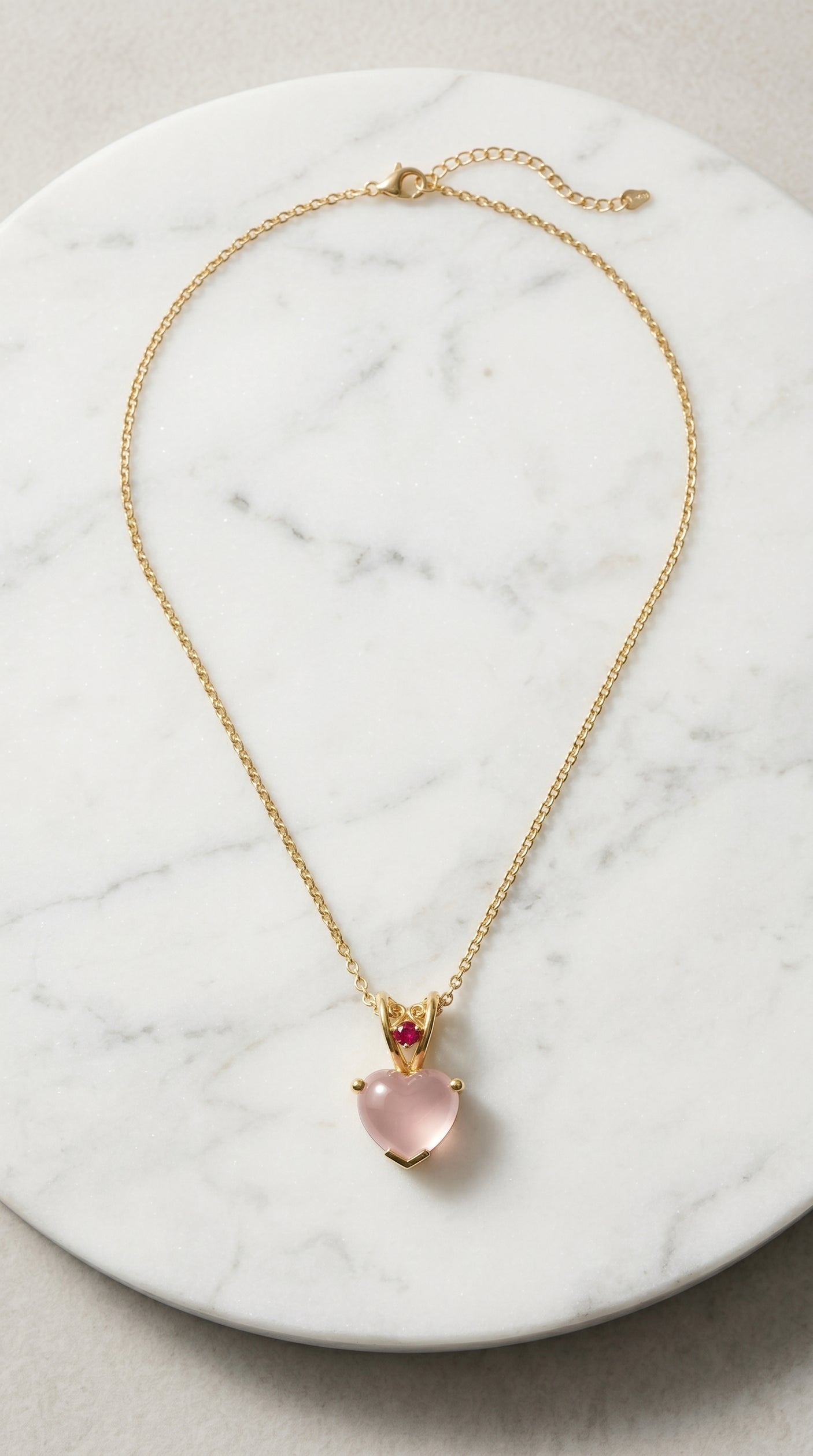 Rose Quartz Heart & Ruby Accent Gold Pendant on Dainty Gold Chain Necklace