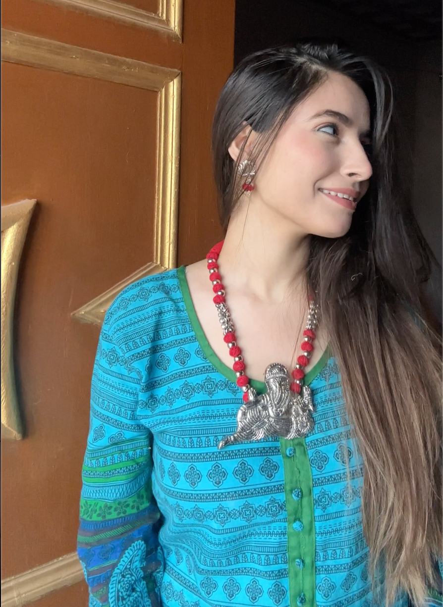 Statement Ganesha Necklace with Red Fabric Beads