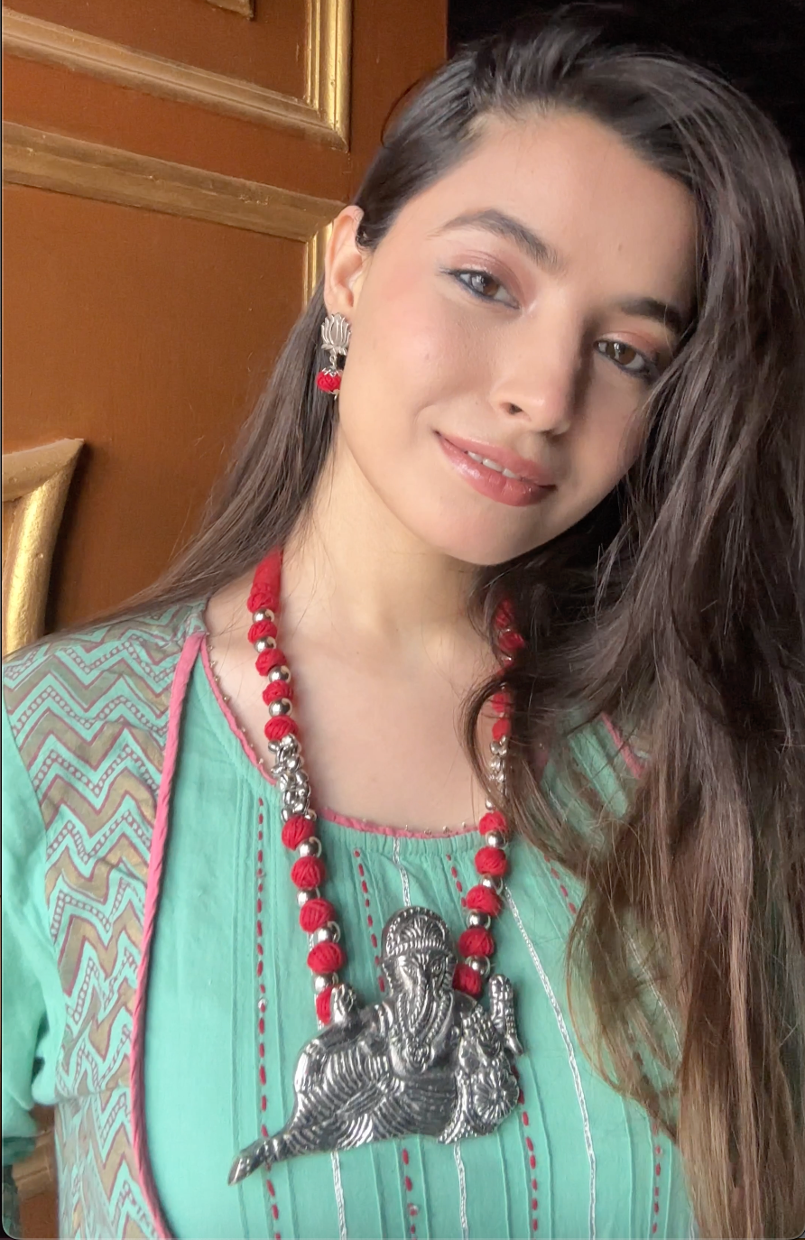 Statement Ganesha Necklace with Red Fabric Beads