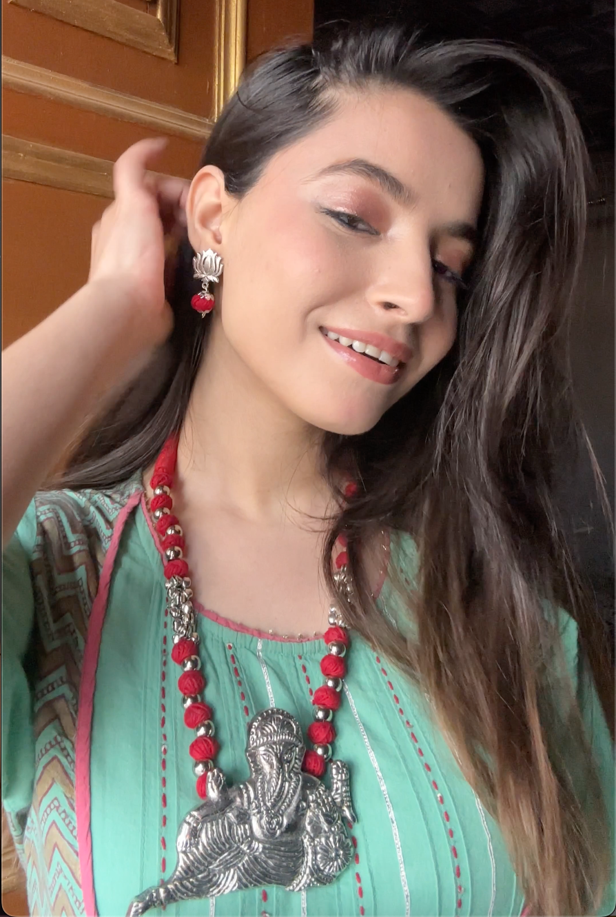 Statement Ganesha Necklace with Red Fabric Beads