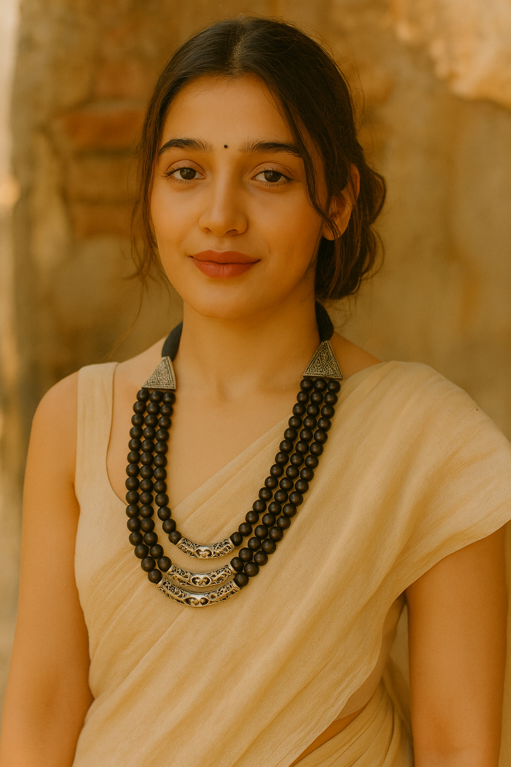 3 Layer Black Beads Necklace with Metal Accents and Adjustable Thread Closure