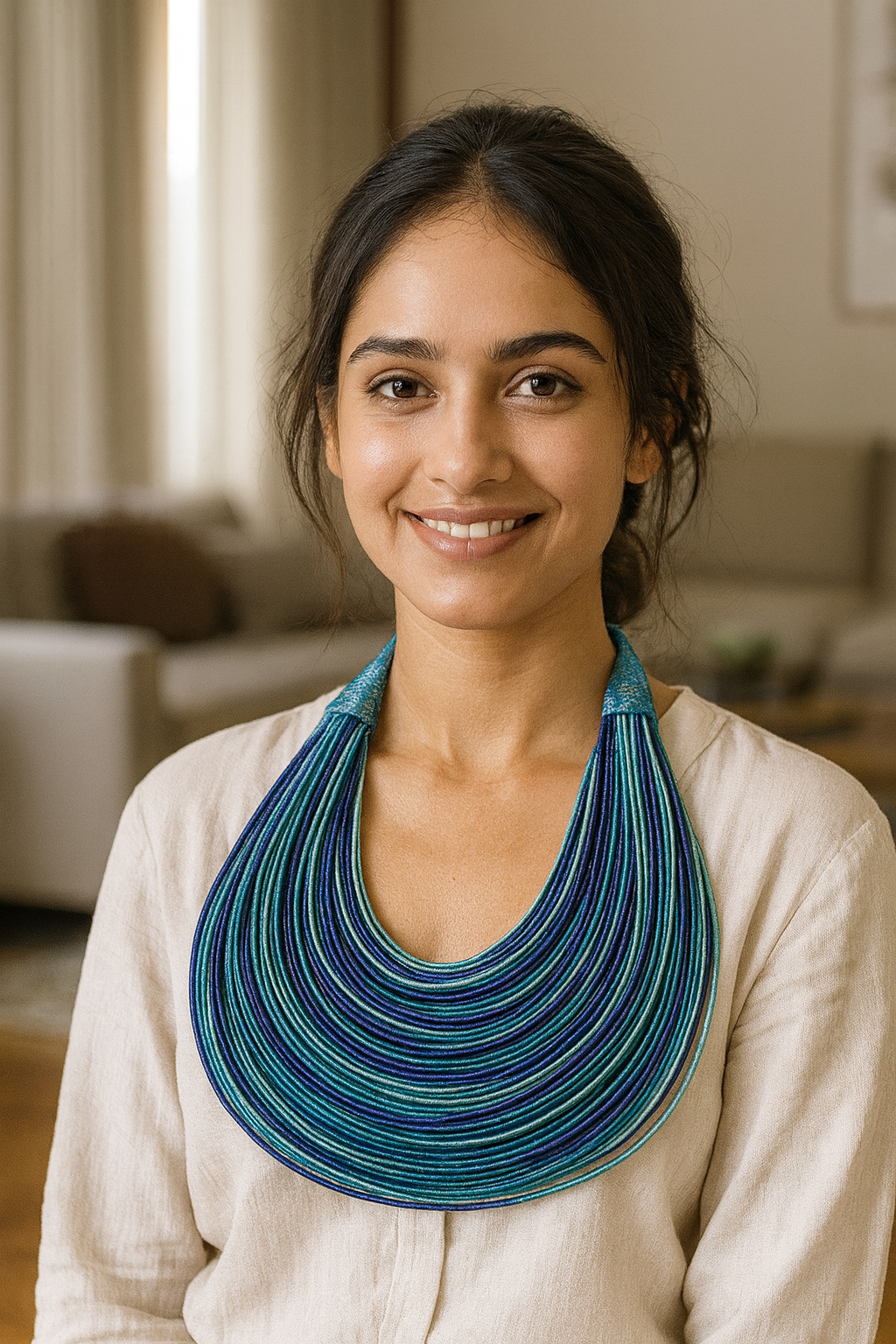 Shades of Blue Handmade Silk Threads Multi-Layer Statement African Choker Necklace