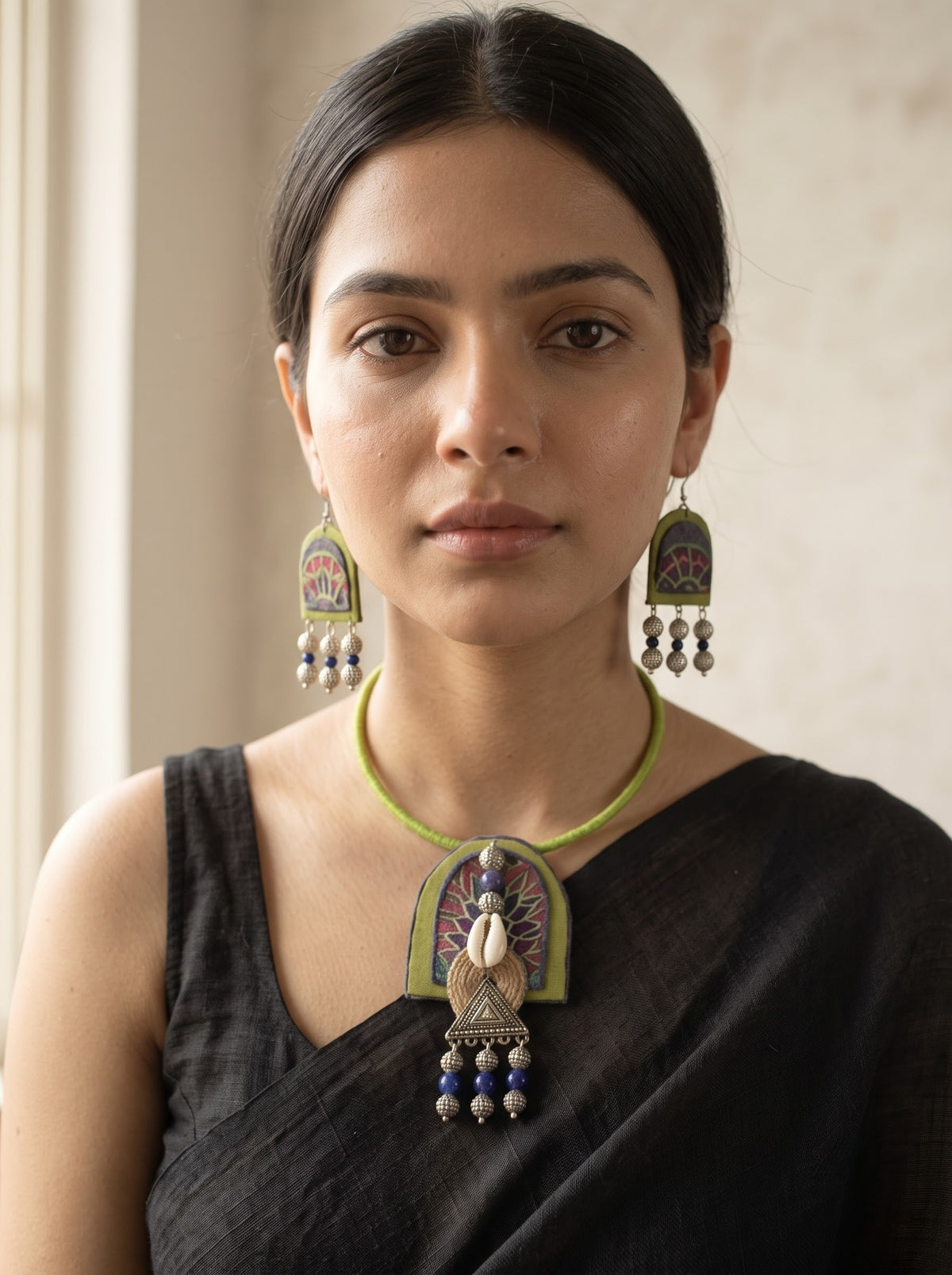 Shades of Green and Blue Hand Painted Fabric Choker Necklace Set
