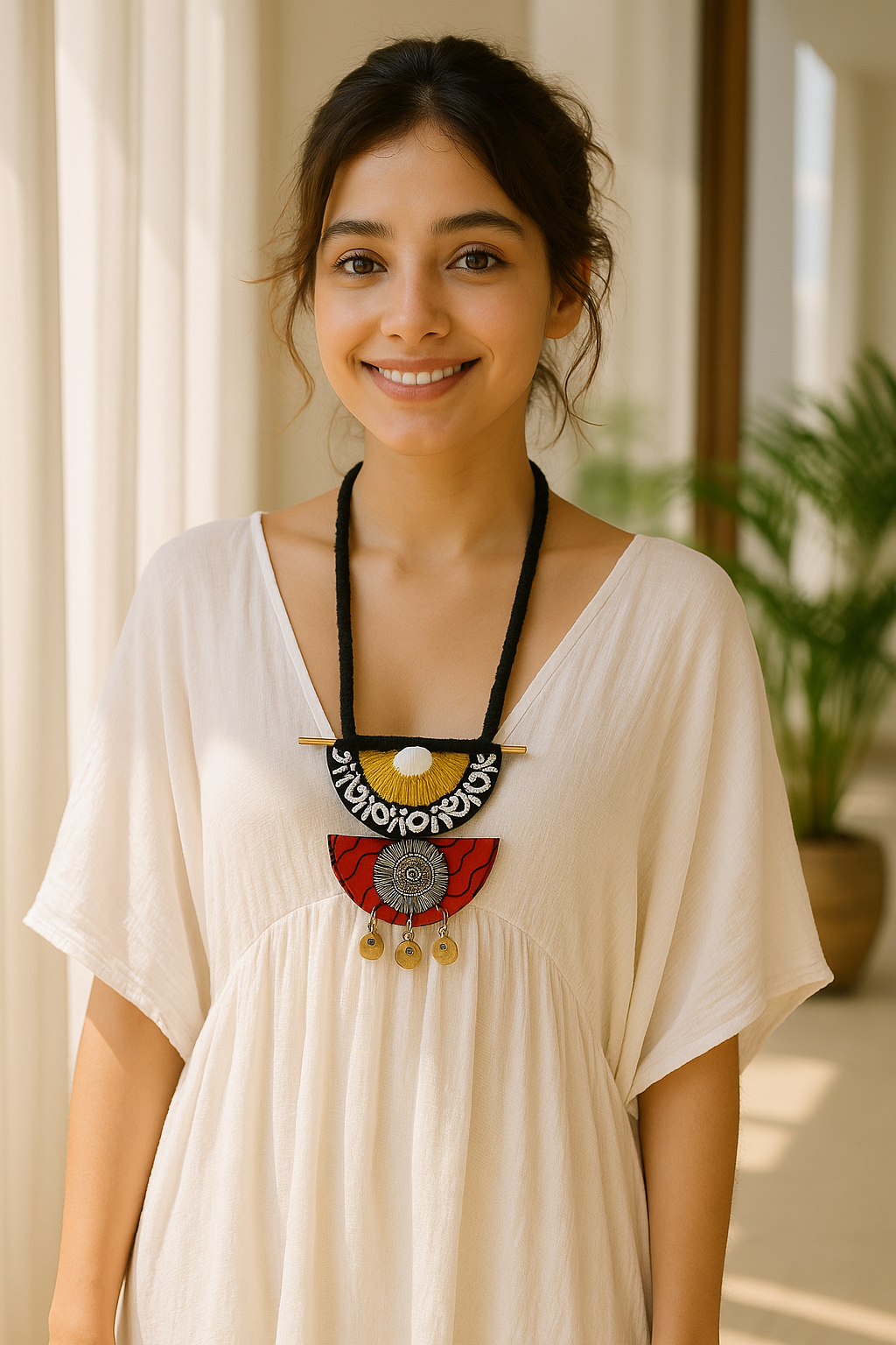 Shell Work Fabric Necklace Set with Thread Closure