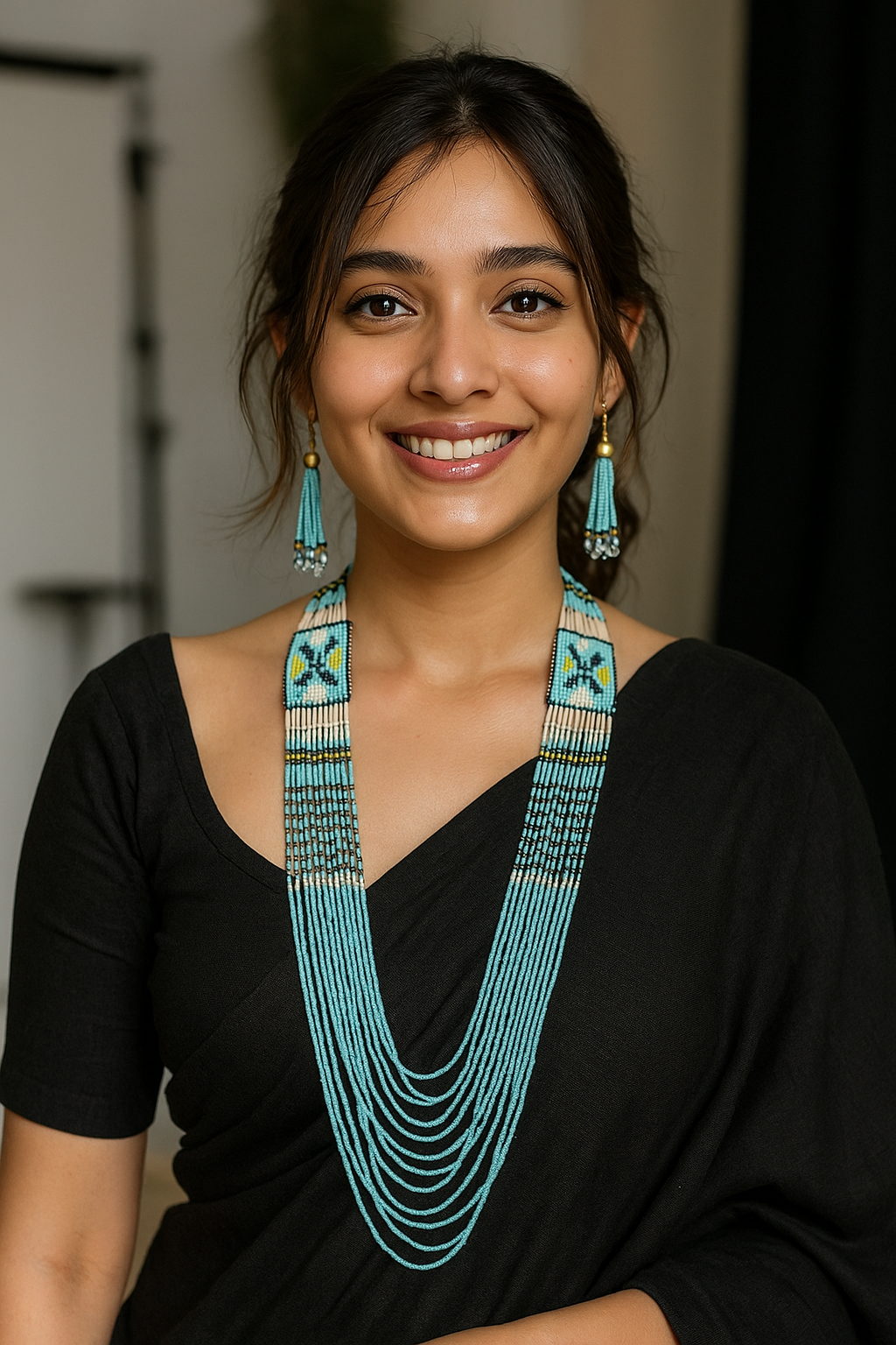 Sky Blue Hand Beaded Long Necklace Set