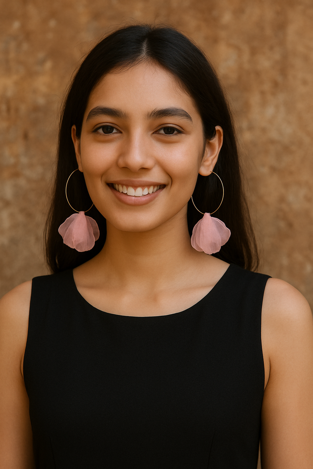 Soft Pink Organza Fabric Flower Gold Toned Hoop Earrings