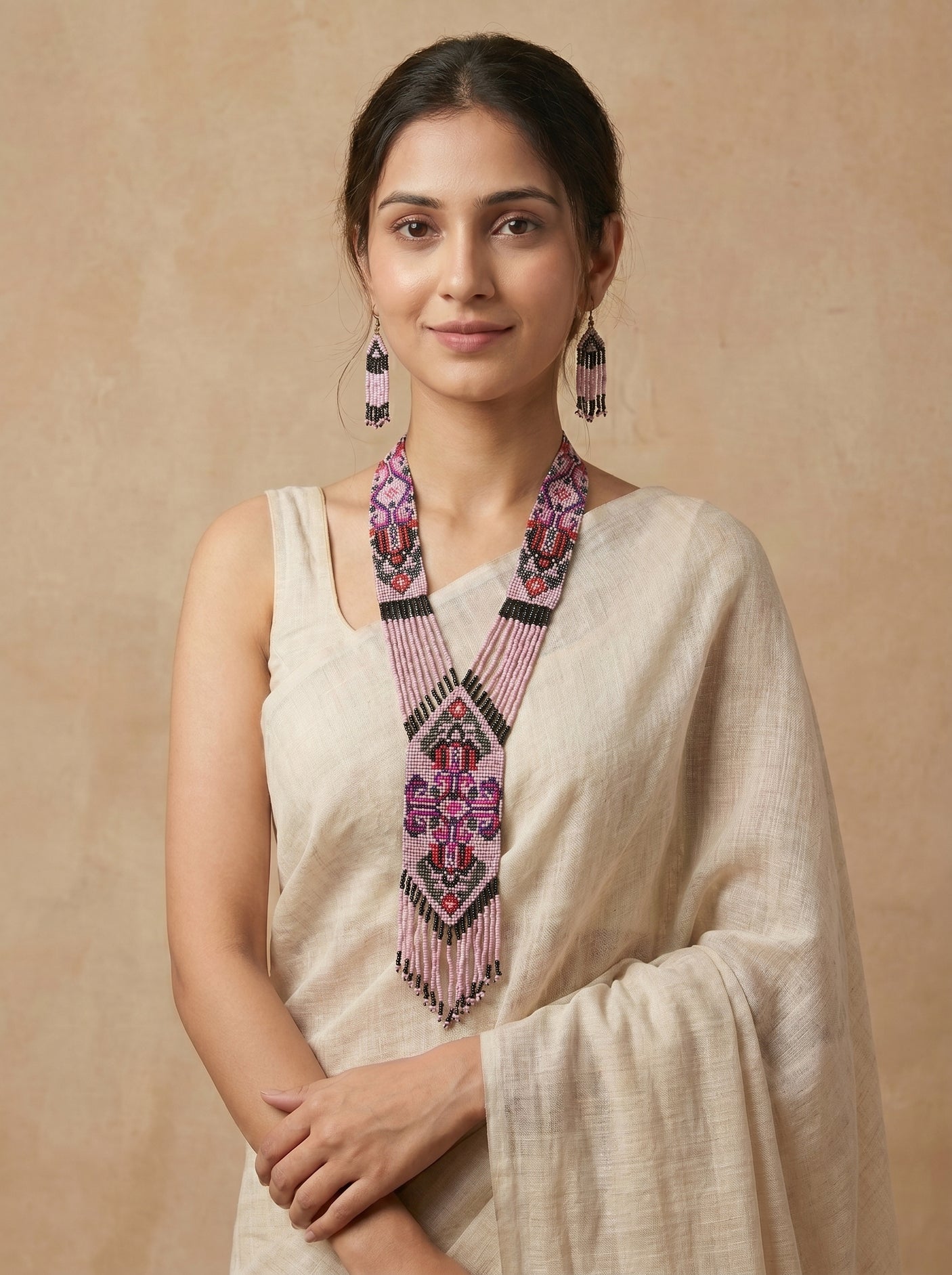 Soft Pink and Multi-Color Hand Beaded Long Necklace Set