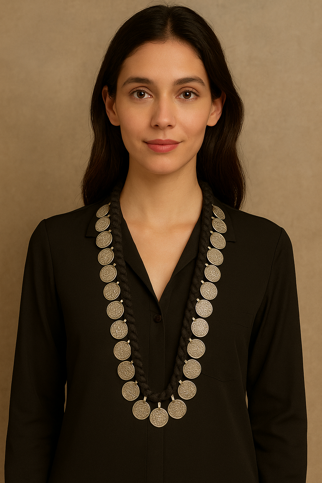 Stamped Metal Coins Braided in long Black Threads Statement Long Necklace