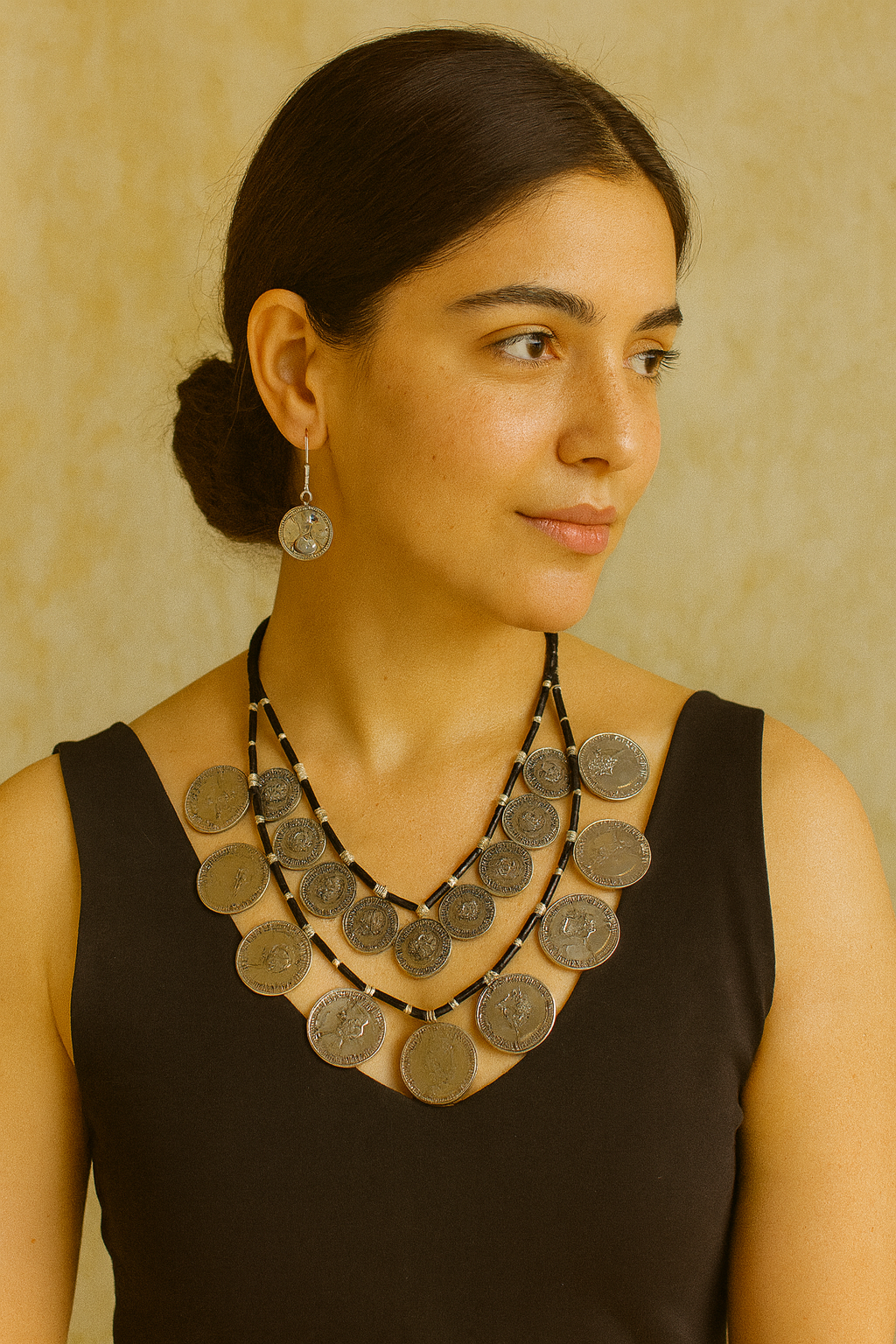 Vintage Stamped Coins Glass Beads Necklace Set