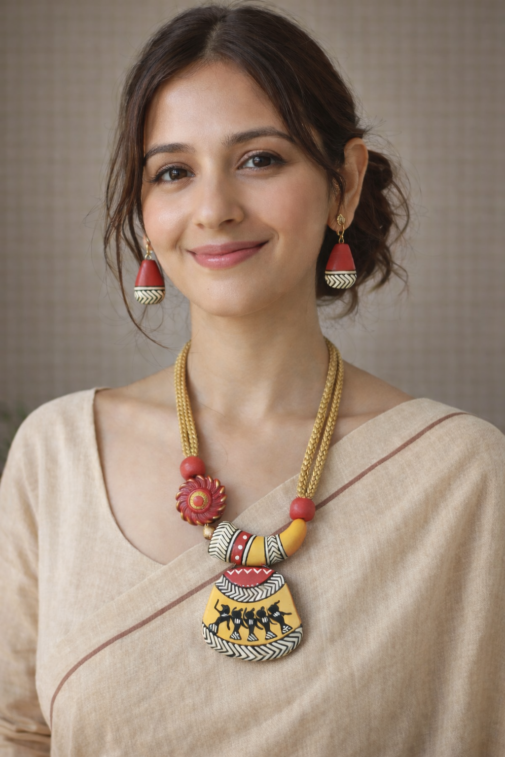 Tribal Motifs Red & Yellow Beaded Terracotta Necklace Set