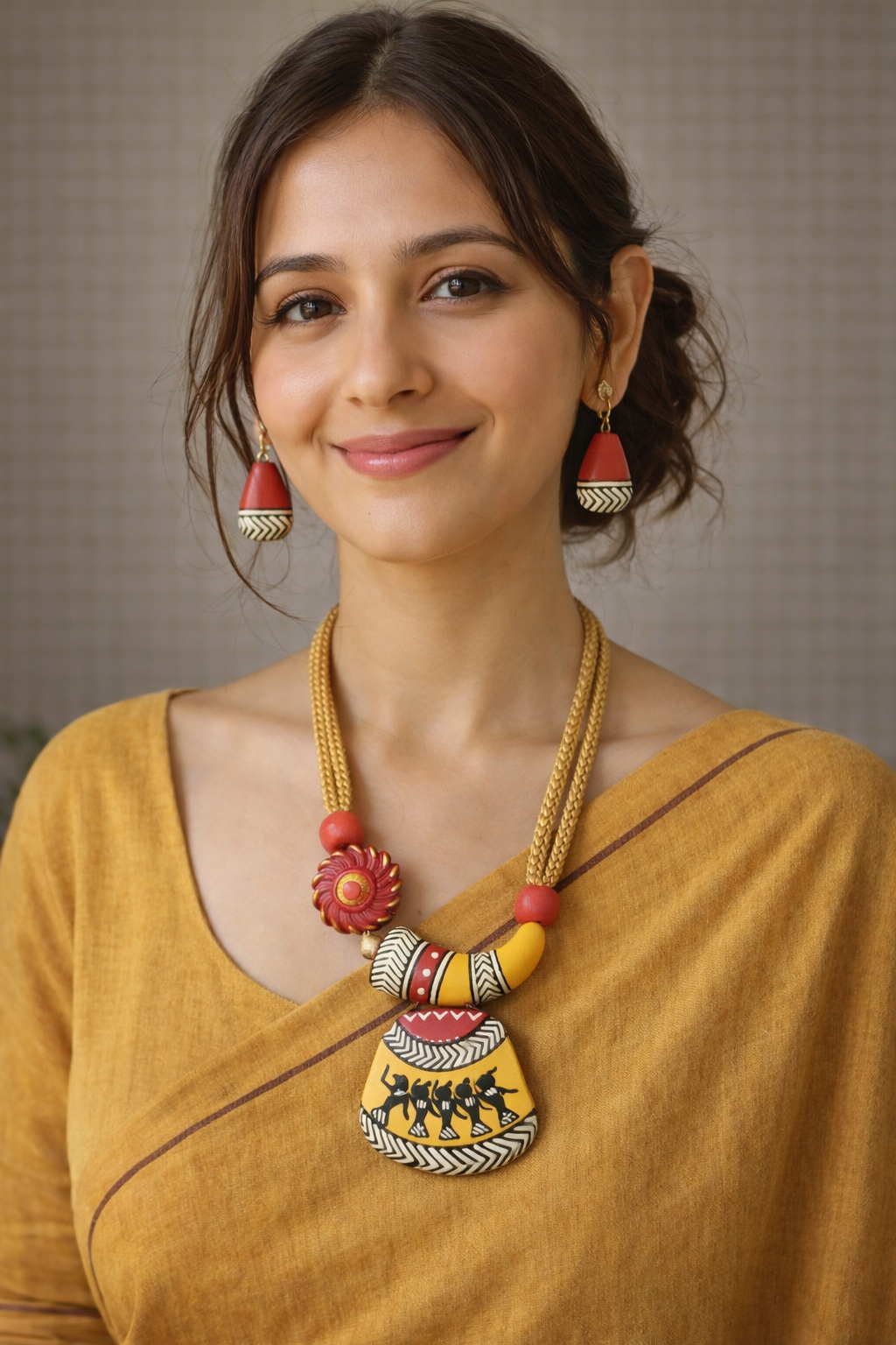 Tribal Motifs Red & Yellow Beaded Terracotta Necklace Set