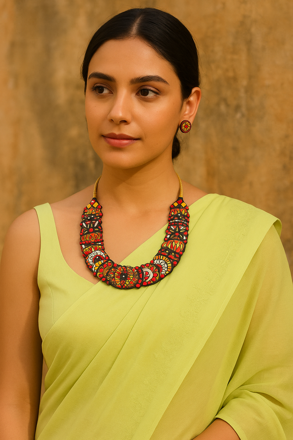 Handcrafted Multi-Color Tribal Motifs Terracotta Clay Adjustable Length Choker Necklace Set