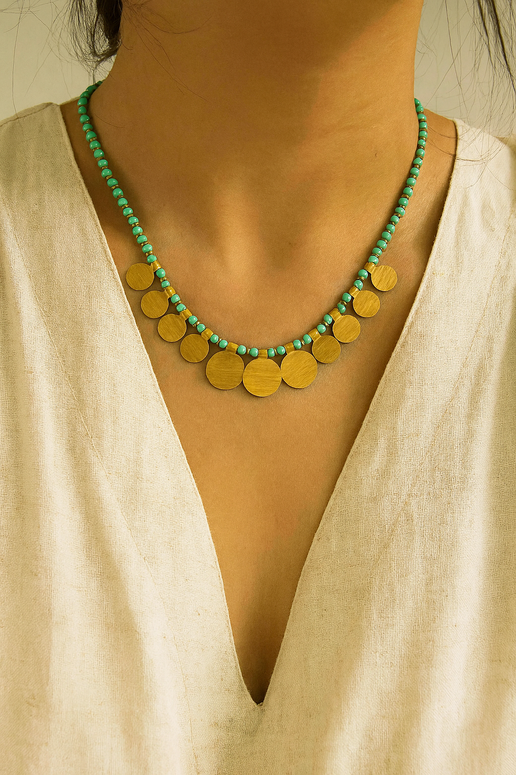 Matt Gold Finish Round Metal Charms Braided with Turquoise Beads Necklace