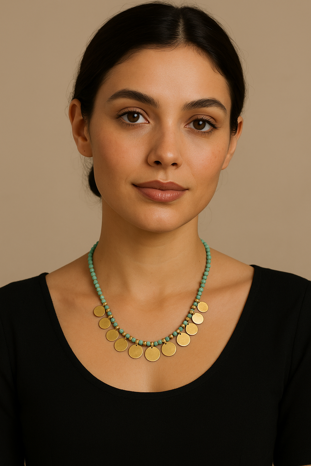 Matt Gold Finish Round Metal Charms Braided with Turquoise Beads Necklace