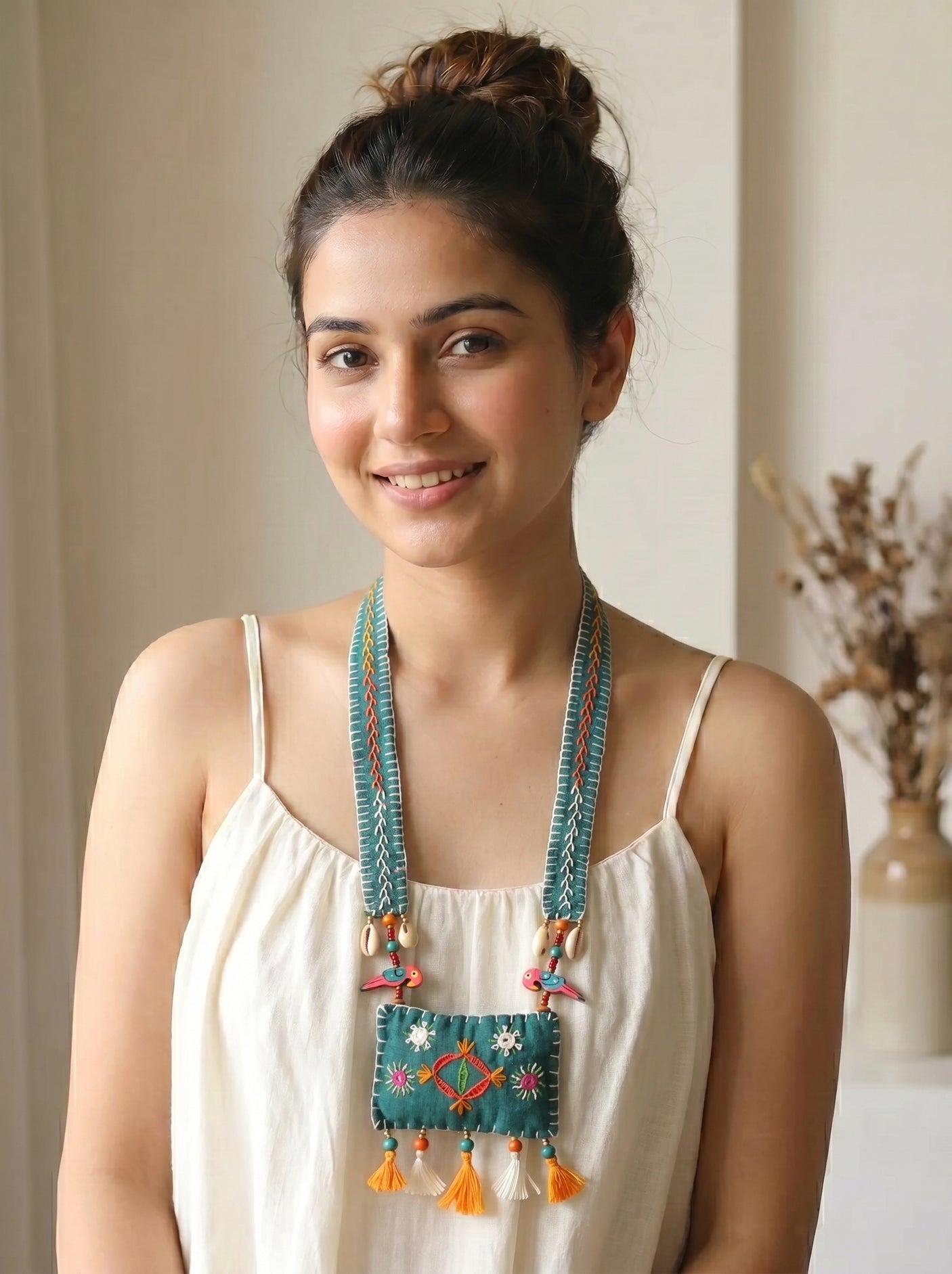 Turquoise Handcrafted Kantha Work Collar Necklace Accentuated with Wooden Parrots