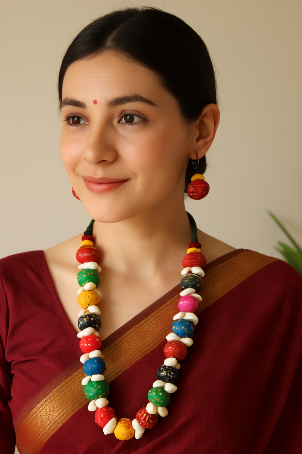 Upcycled Fabric Kantha Embroidered Handmade Necklace Set with Cowrie Details