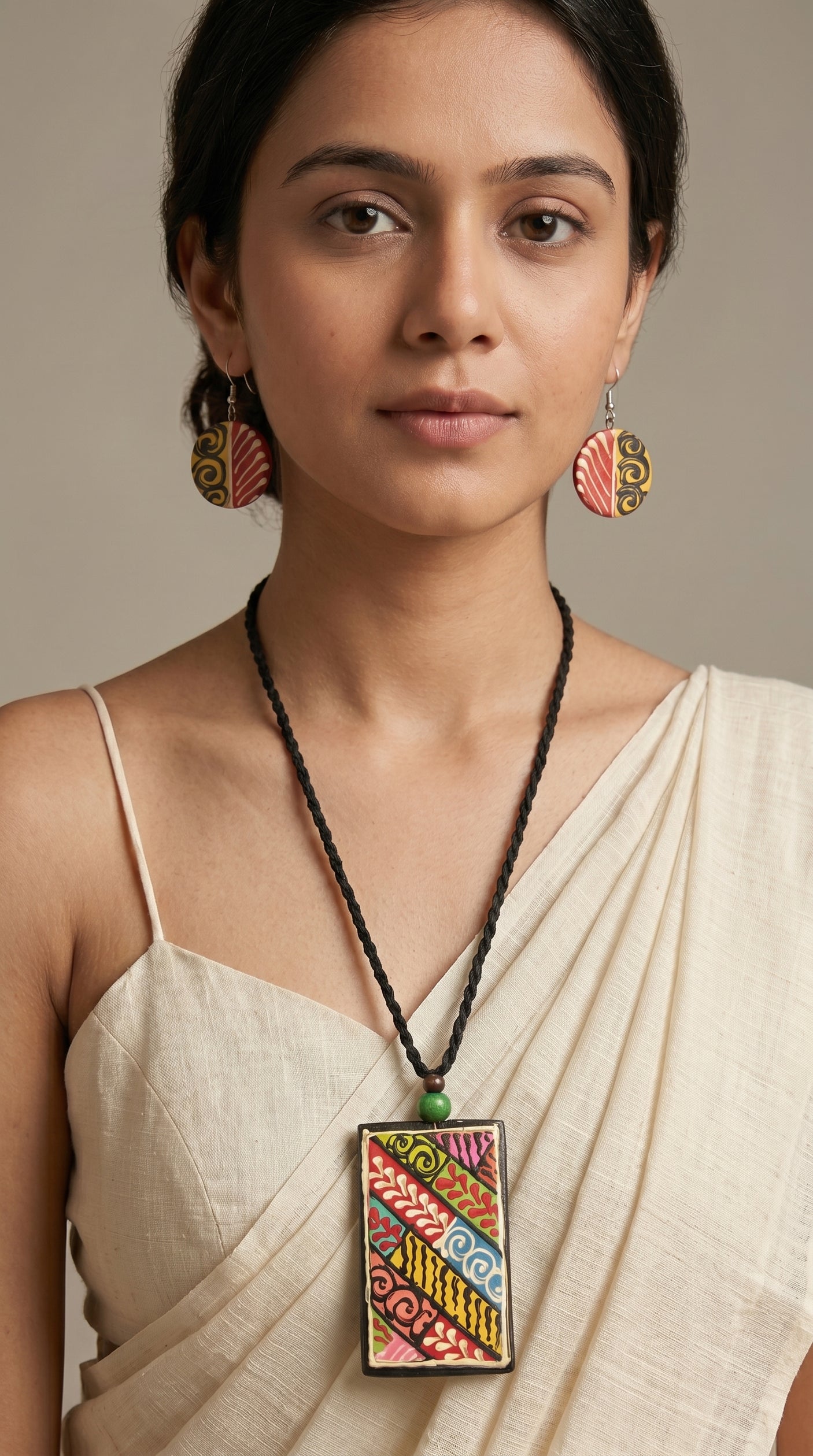Vibrant Multicolour Folk Pattern Hand-Painted Ceramic Necklace Set