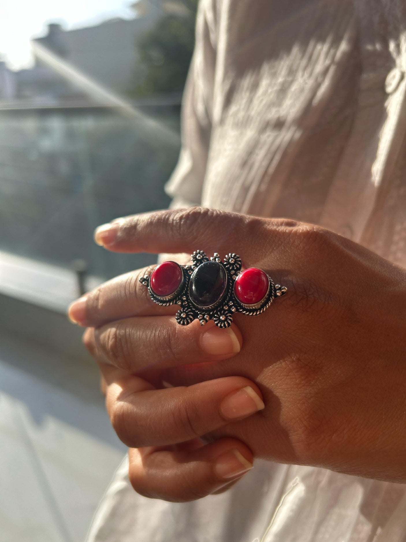 3 Red and Maroon Natural Gemstones Embedded Oxidised Finish Silver Ring