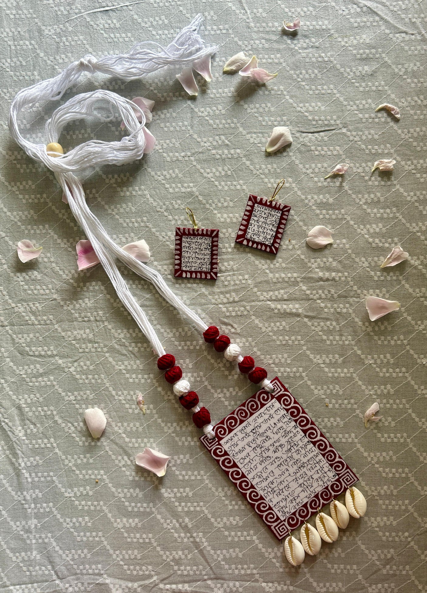 Mantra Printed Fabric Beads Necklace Set with Shell Work and Thread Closure