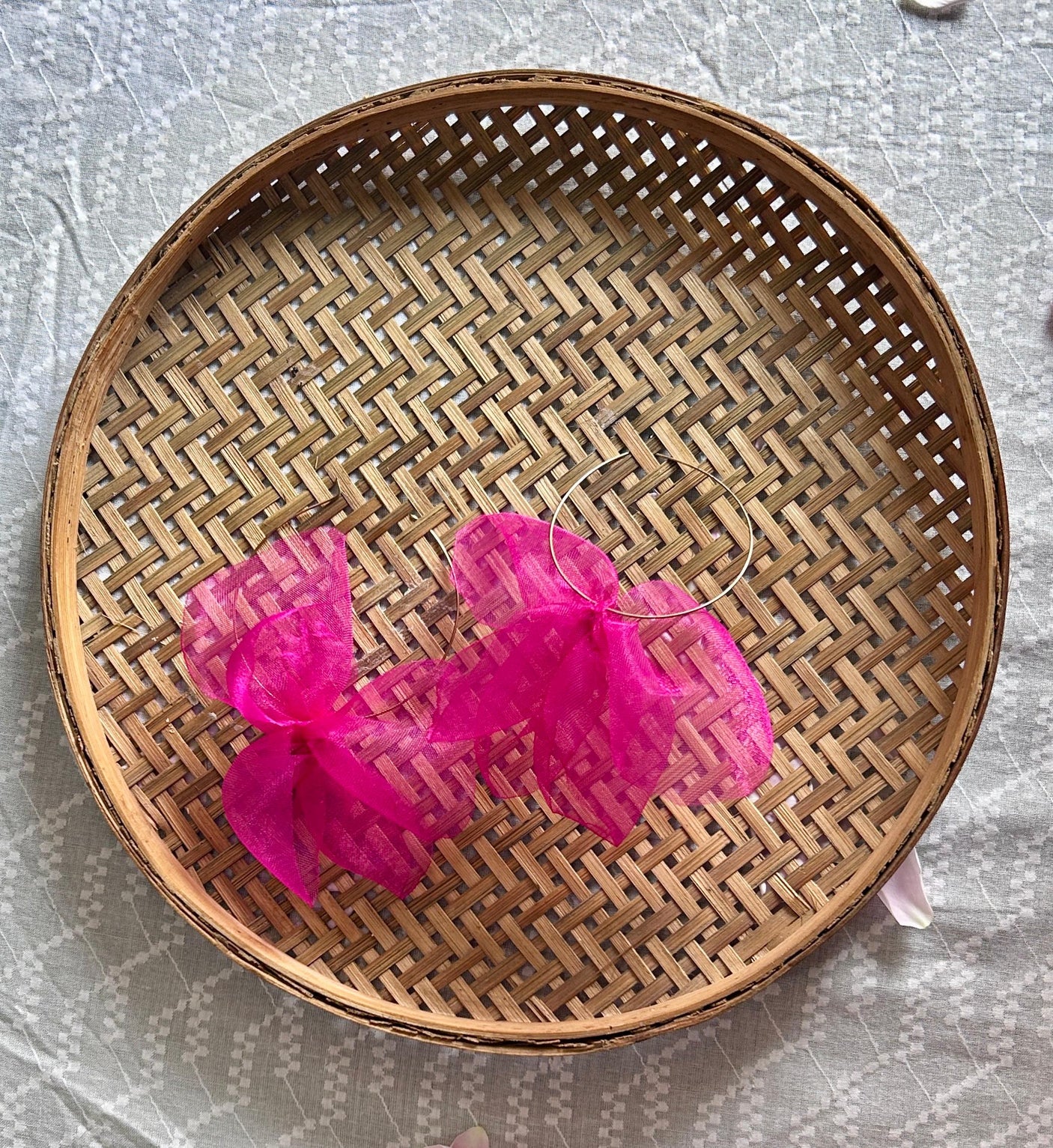 Pink Organza Fabric Flower Gold Toned Hoop Earrings