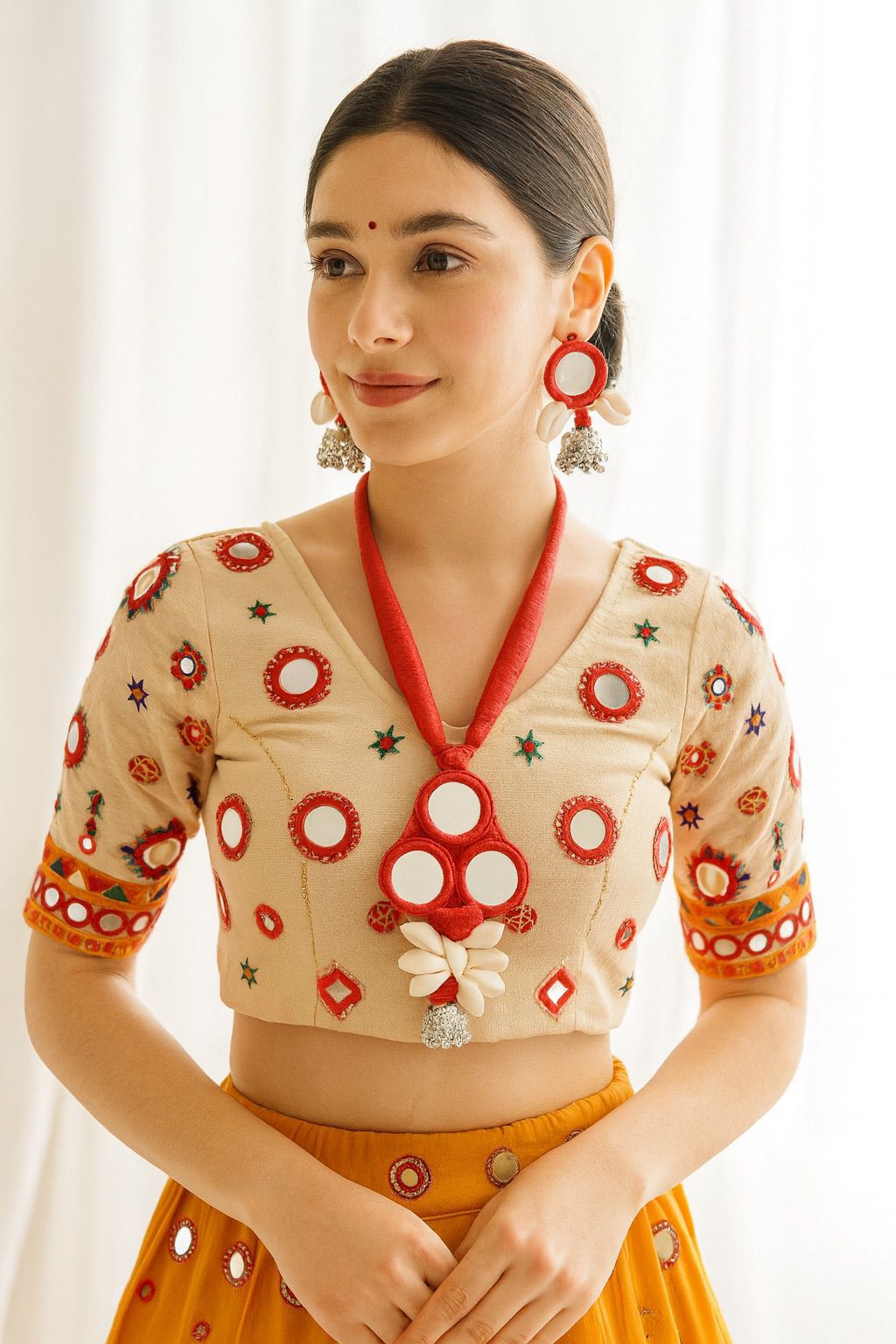 Red Fabric and Mirrors Hand Embroidered Adjustable Length Necklace Set