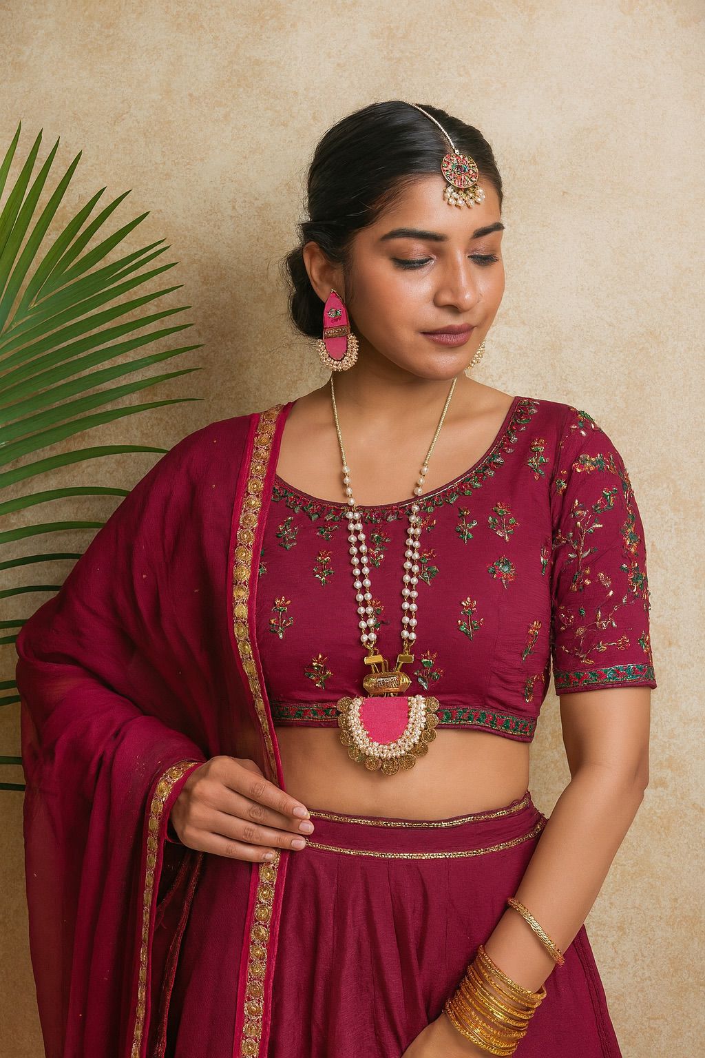 Pink Fabric & White Pearl Beads Matt Gold Finish Vibrant Necklace