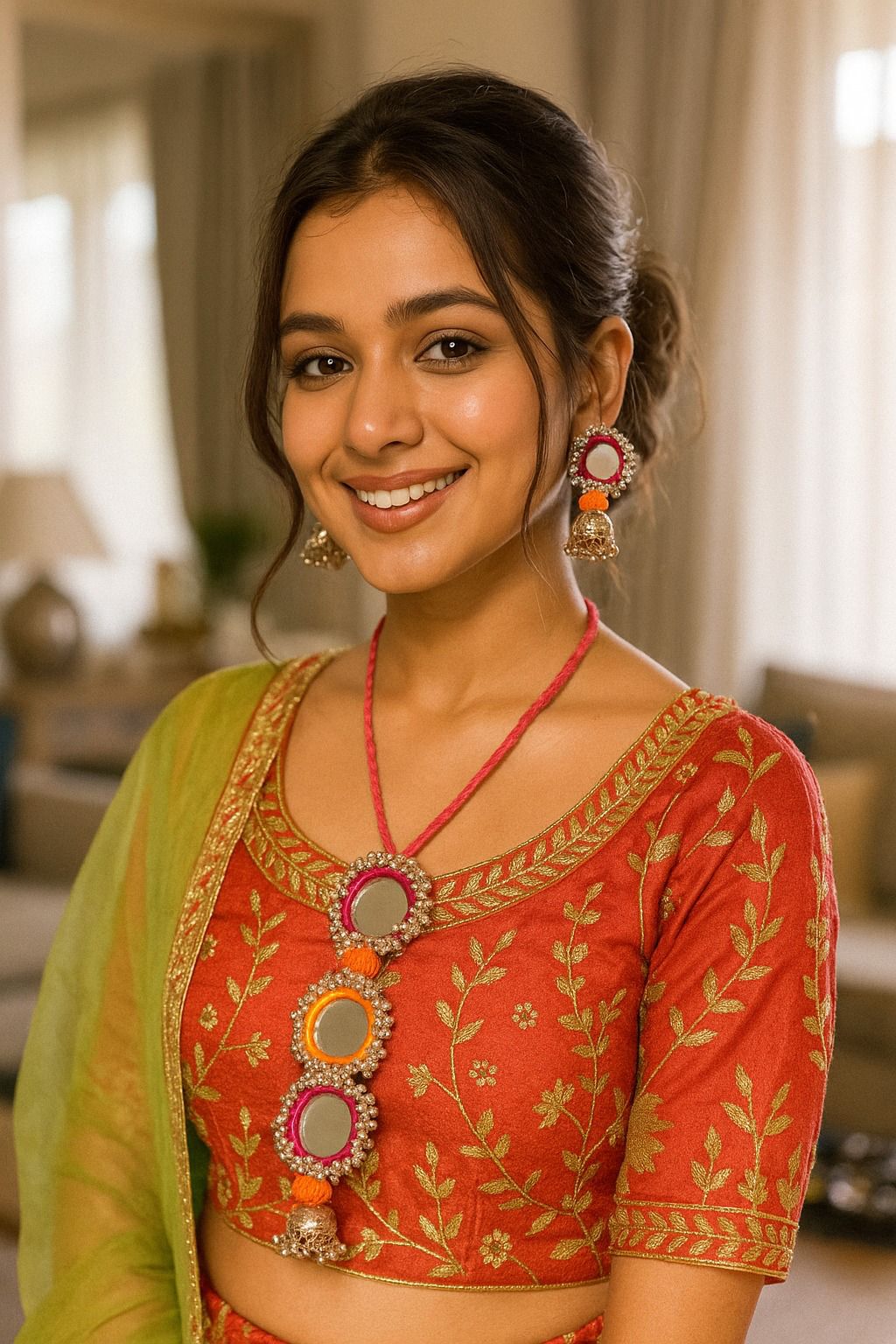 Orange and Pink Fabric and Mirrors Handmade Necklace Set