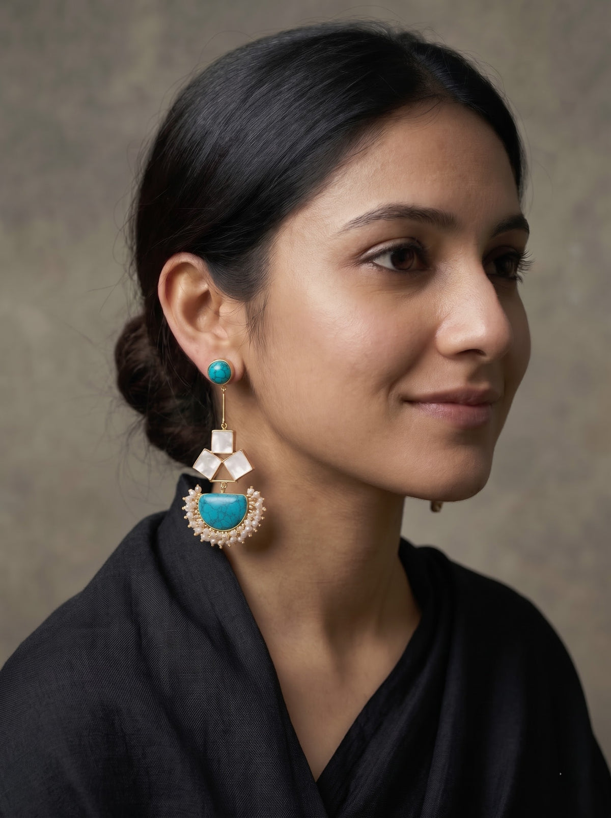 Turquoise Moon & Pearl Drop Earrings with Natural Gemstones